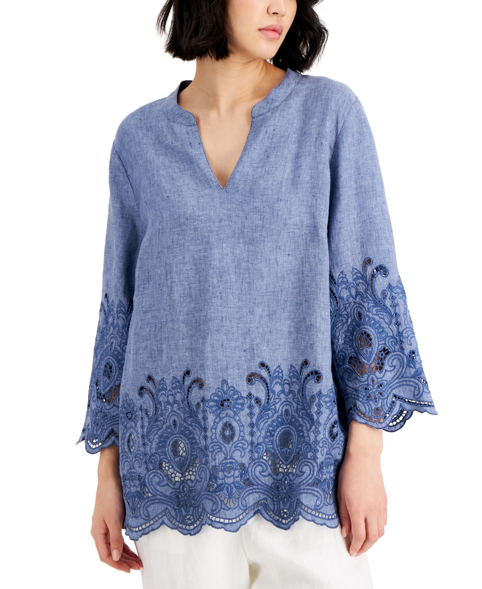 Charter Club Linen-Blend Embroidered Hem Tunic