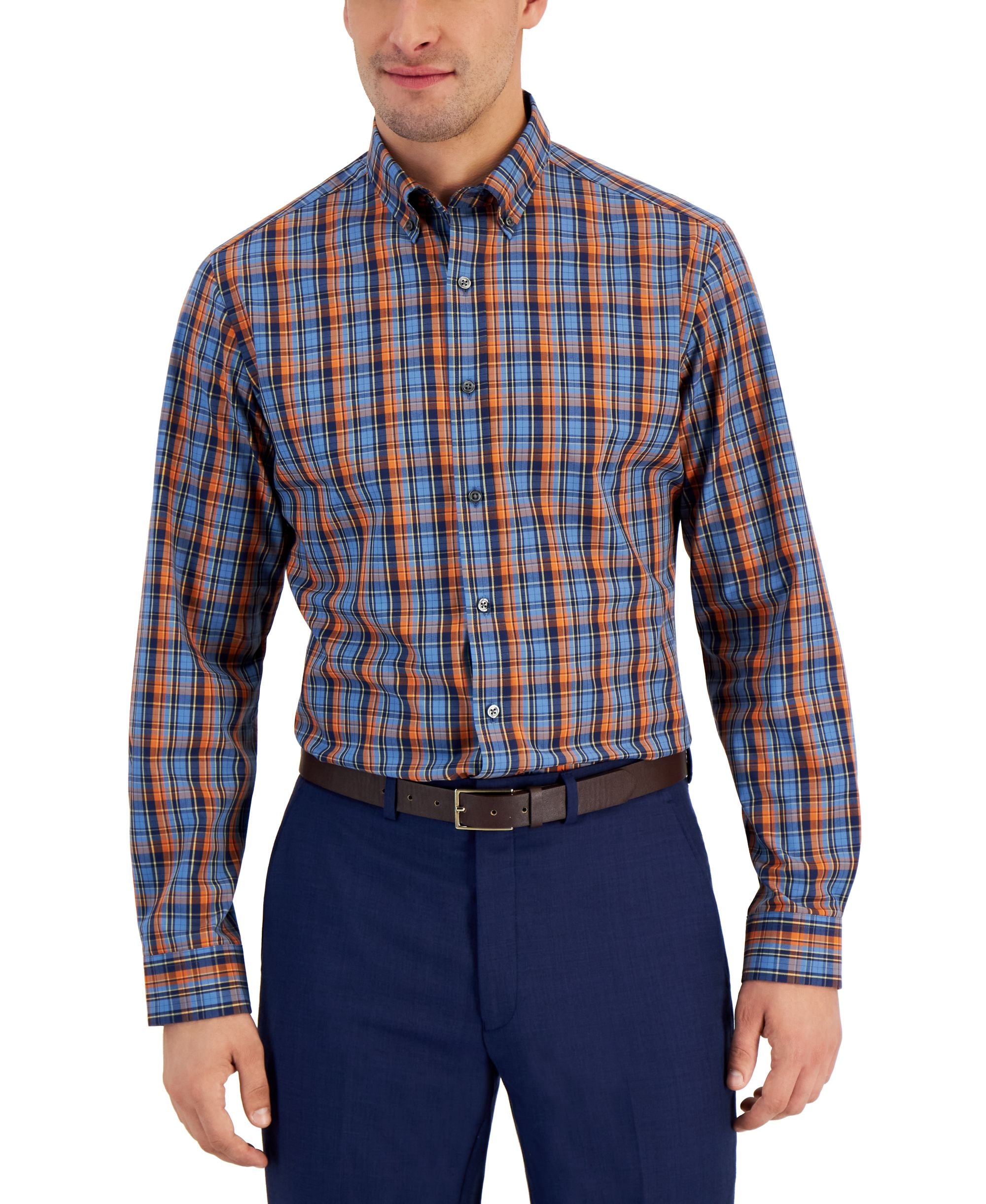 Men's Slim-Cut Fit 4-Way Stretch Plaid Dress Modern Shirt