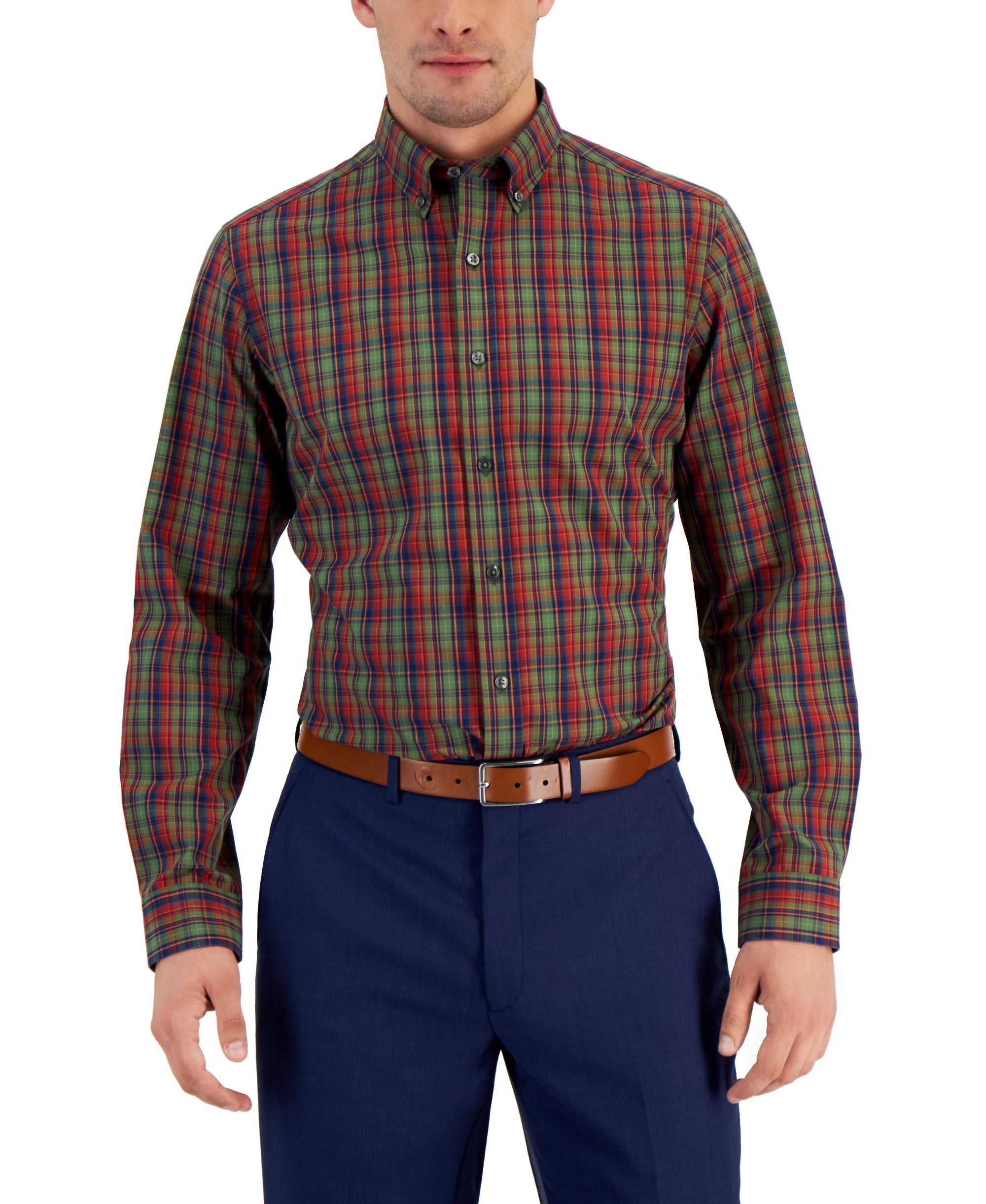 Men's Slim-Cut Fit 4-Way Stretch Plaid Dress Modern Shirt
