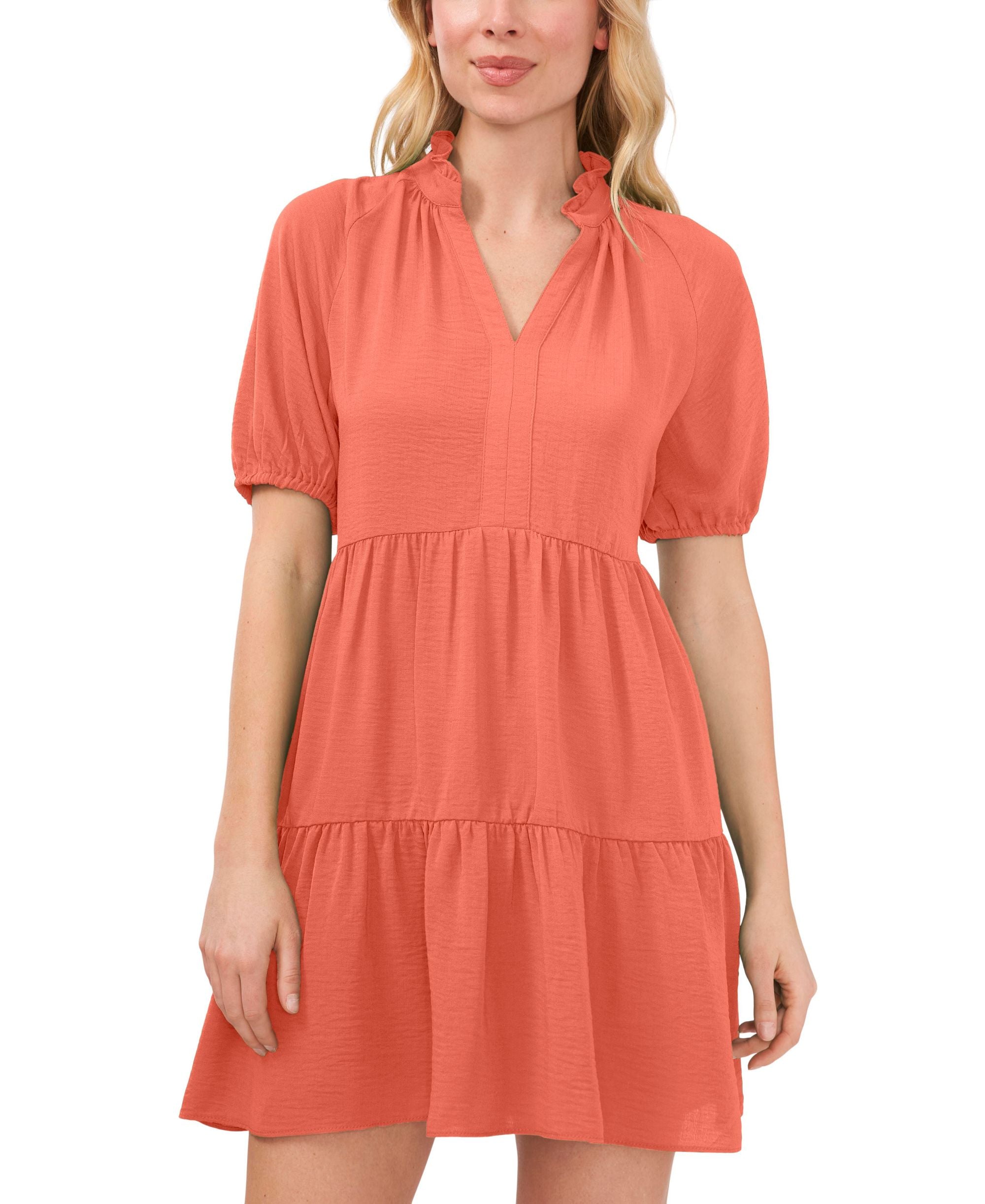 Women's Short-Sleeve Tiered Flounce V-Neck Baby Doll Dress