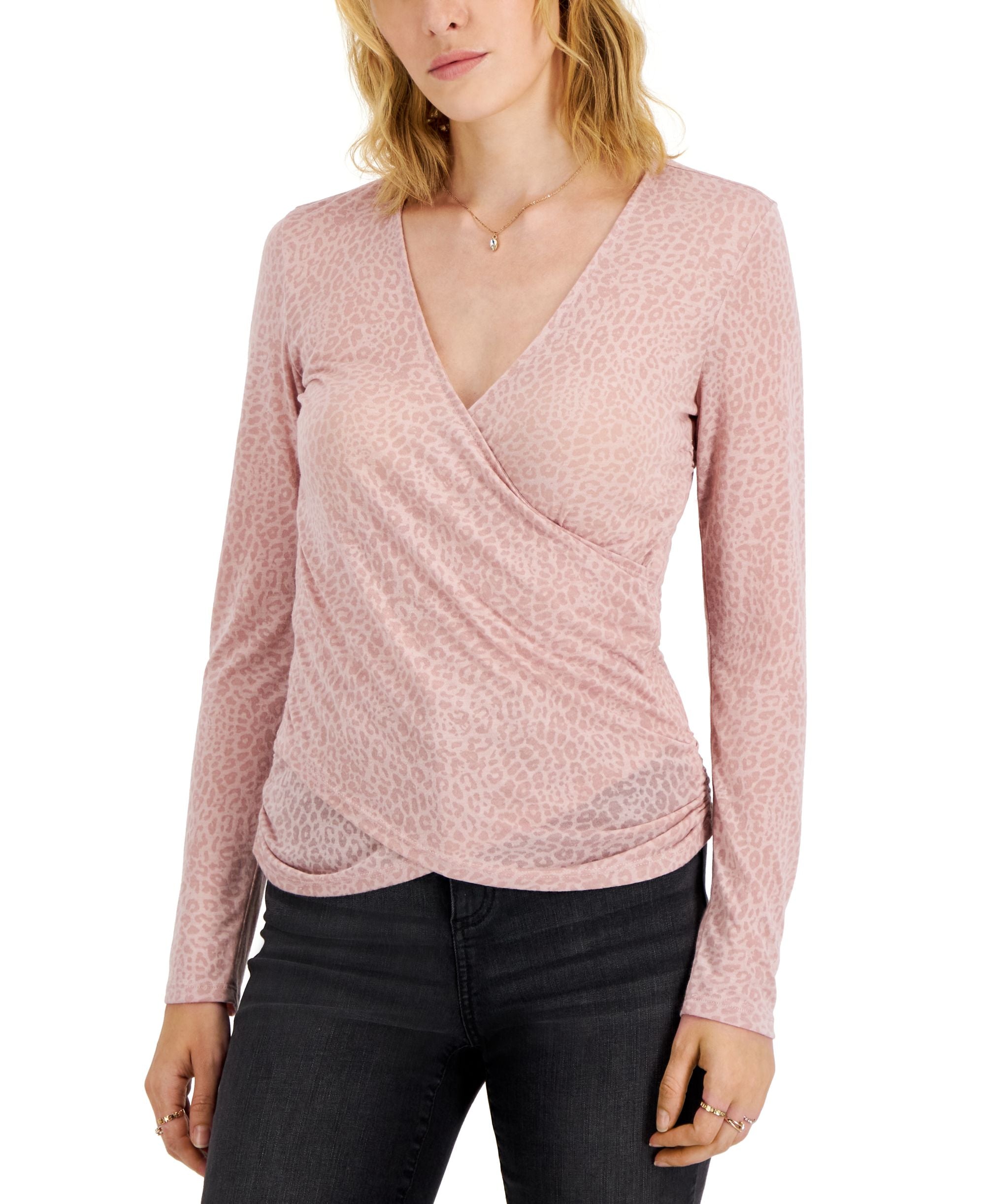 INC International Concepts Womens Leopard Print Long-Sleeve Surplice Premium Top