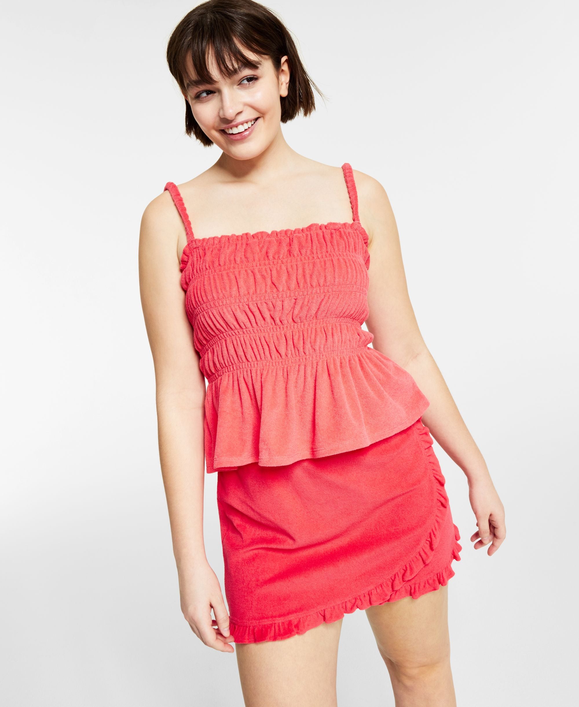 Bar III Womens Terry Ruffled Smocked Premium Top