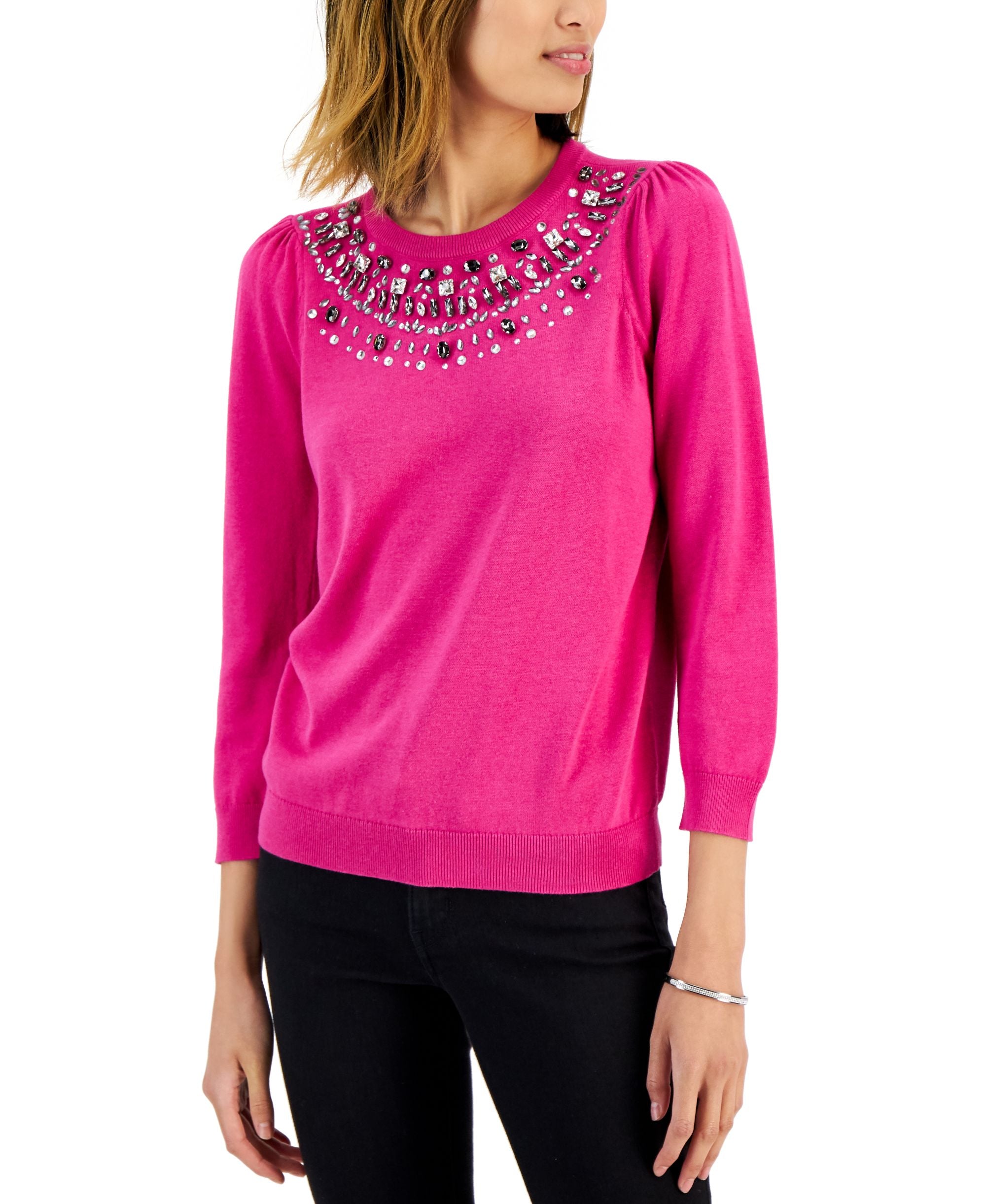 Charter Club Womens Embellished Puff-Sleeve Sweater
