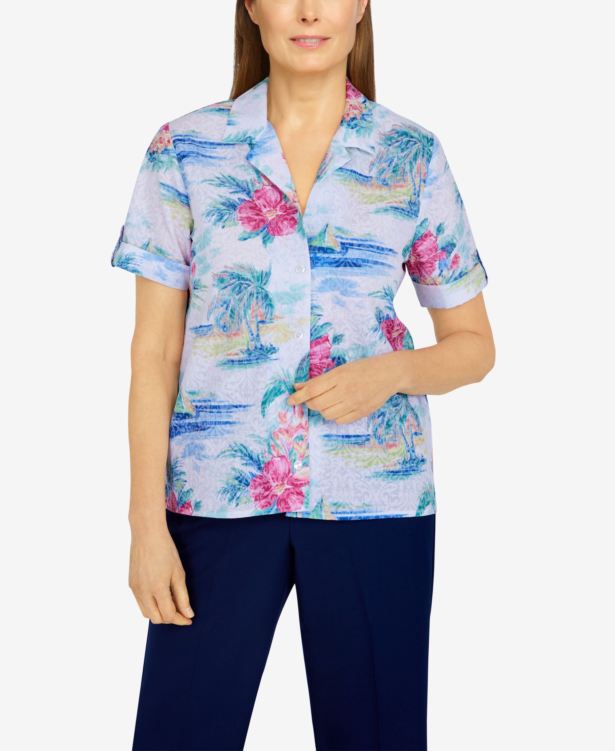 Womens Happy Hour Tropical Scenic Printed Modern Shirt