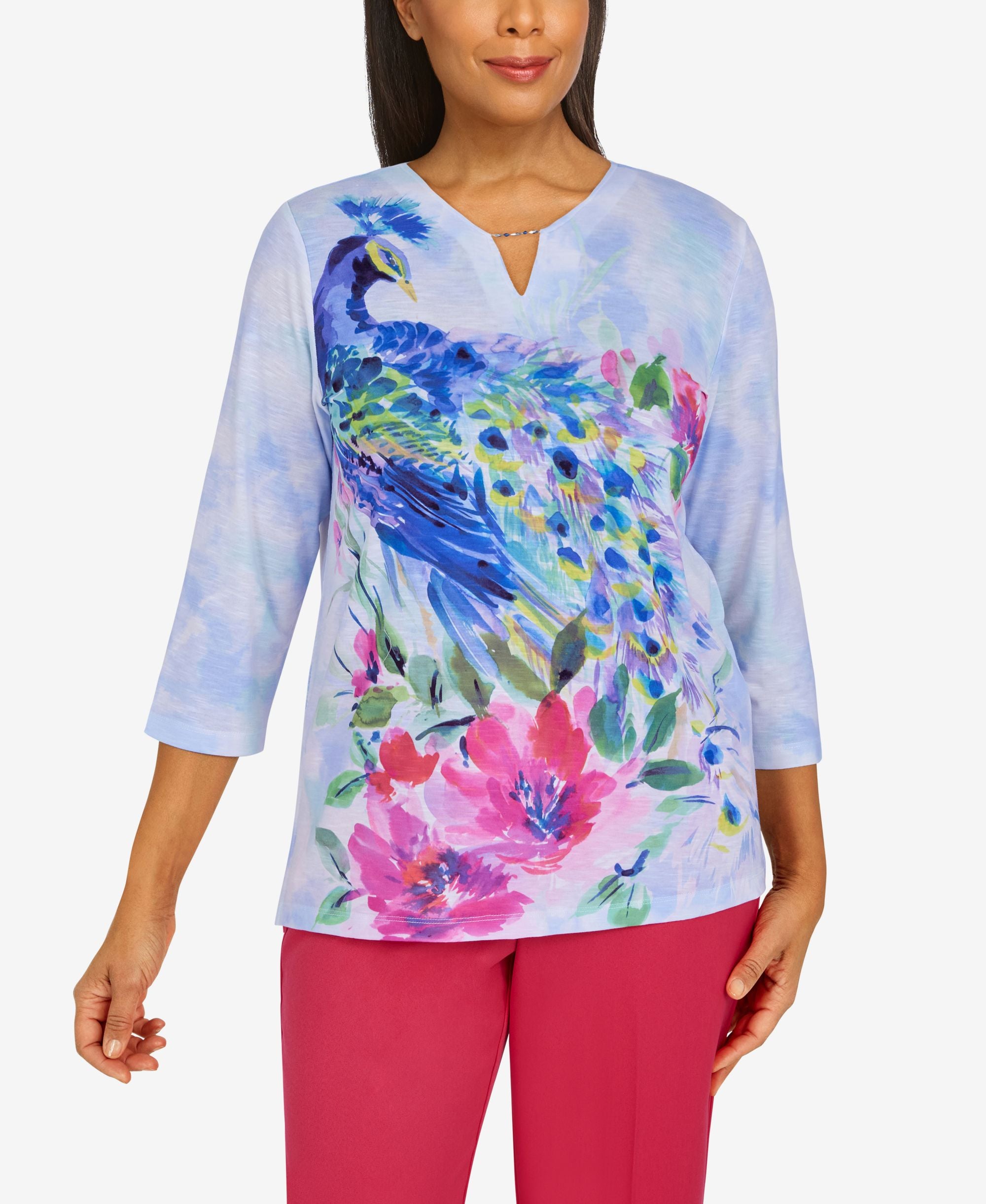Womens Happy Hour Watercolor Peacock Knit Premium Top