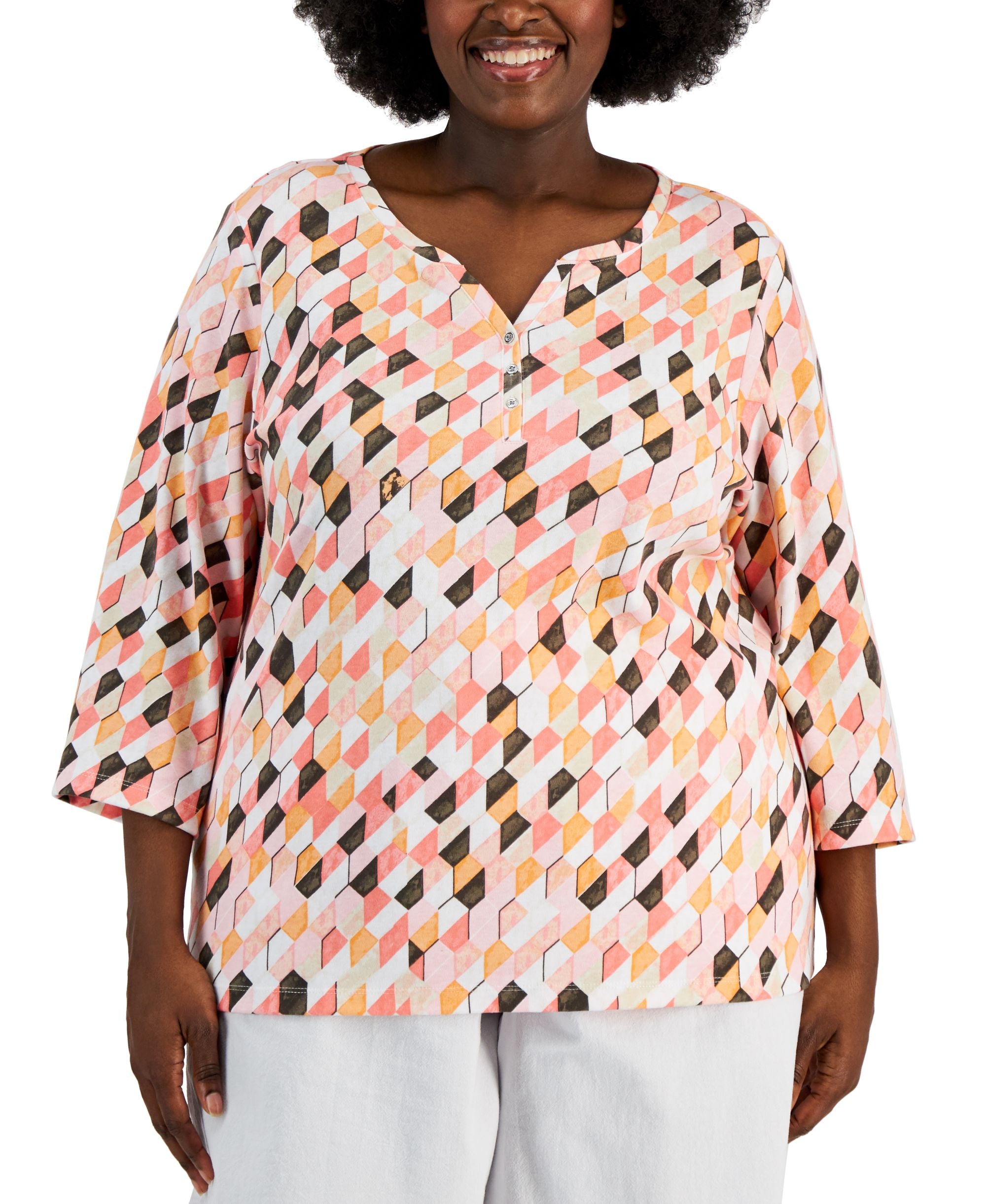 Karen Scott Plus Size Geo Print Henley Premium Top