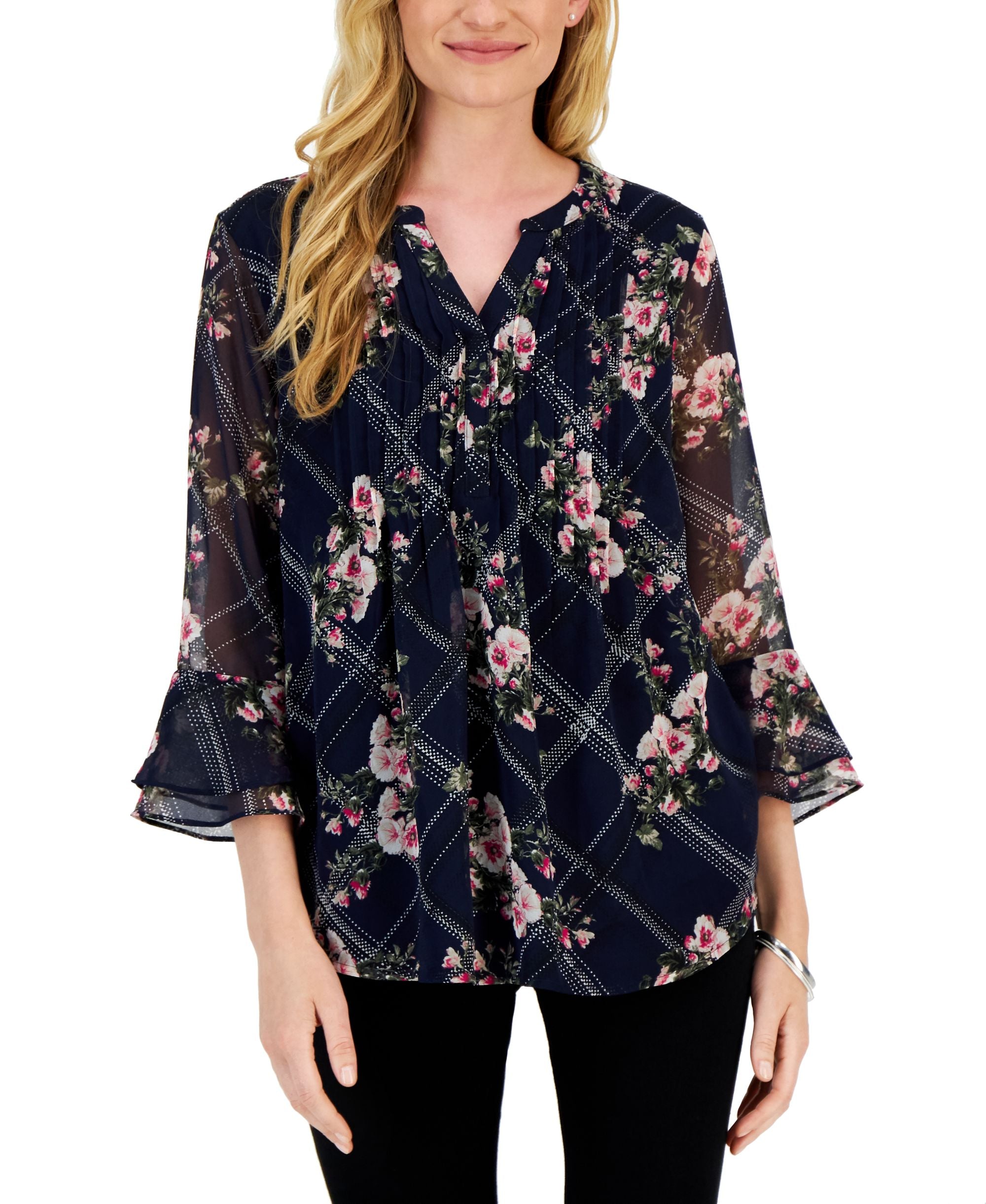 Charter Club Petite Ruffle-Sleeve Etching Garden Pintuck Premium Top