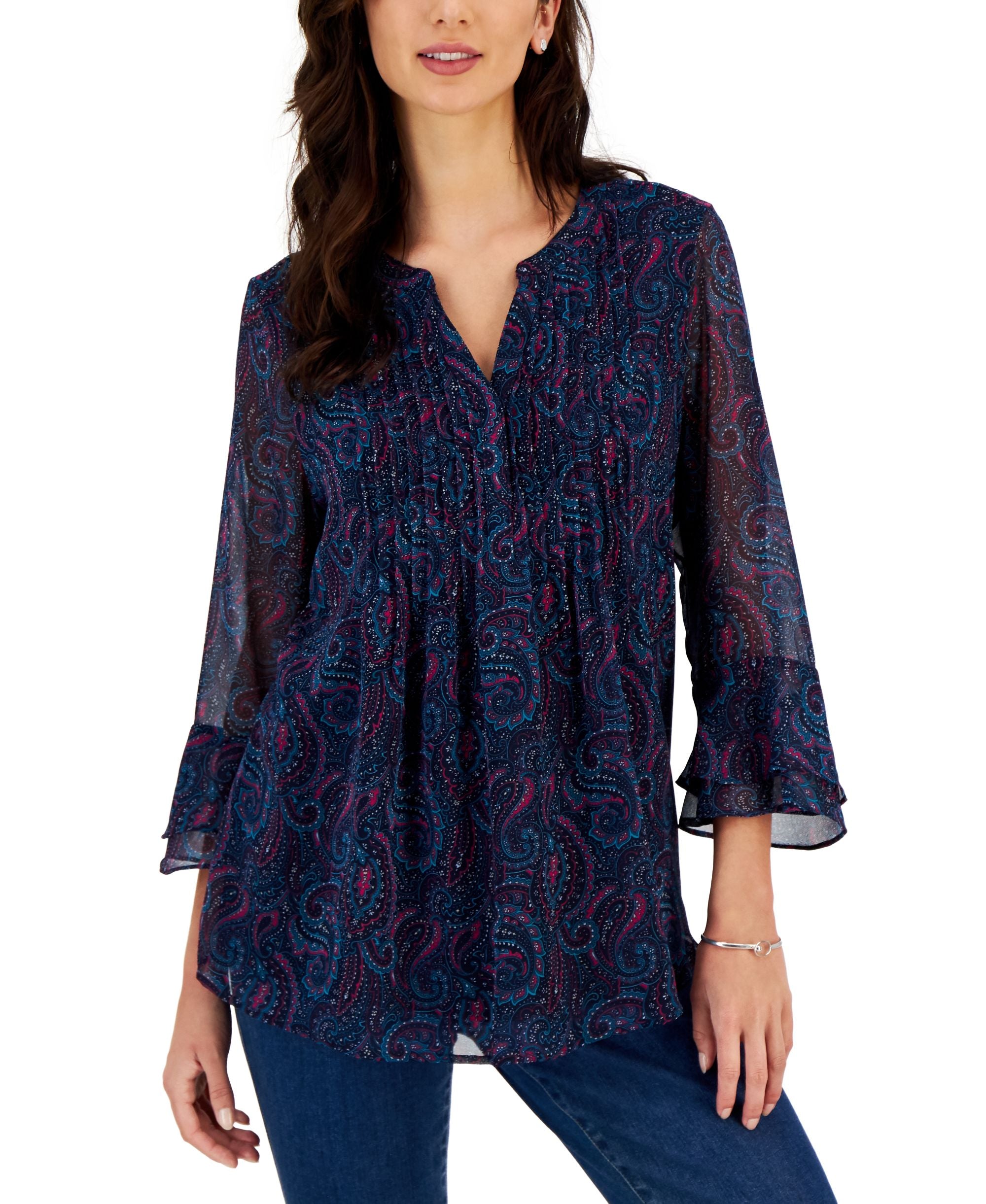 Women's Paisley Ruffle-Sleeve Premium Top