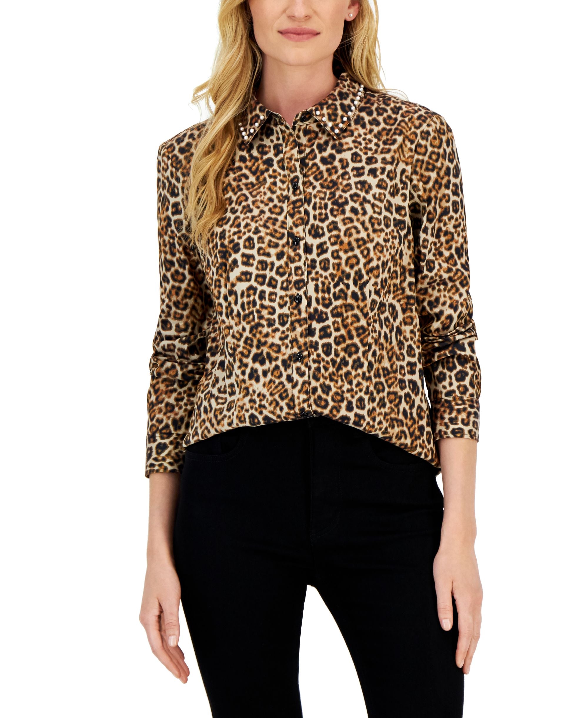 Charter Club Petite Embellished Collar Button Up Modern Shirt