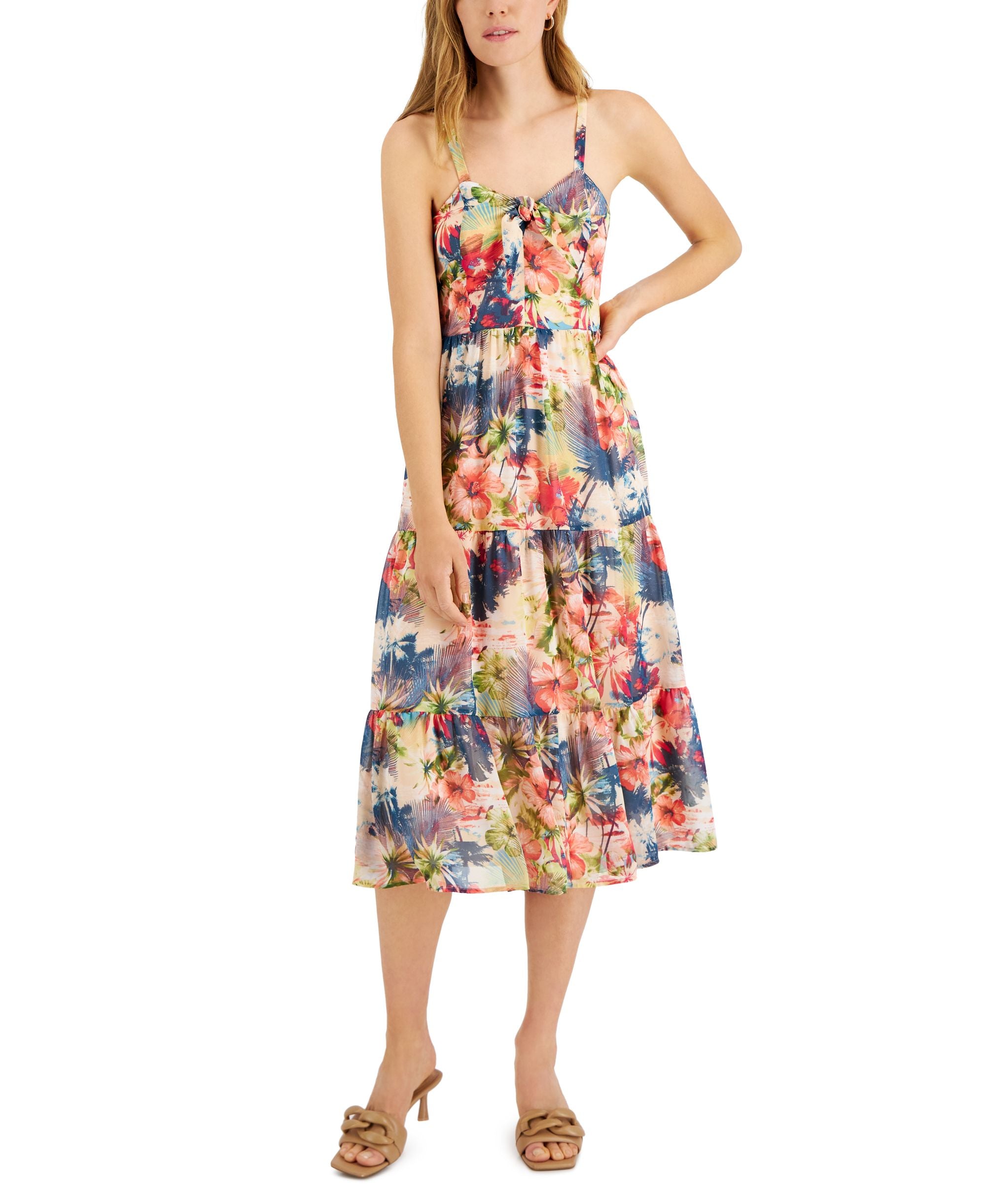 INC International Concepts Printed Tie Detail Tiered Flounce Midi Dress