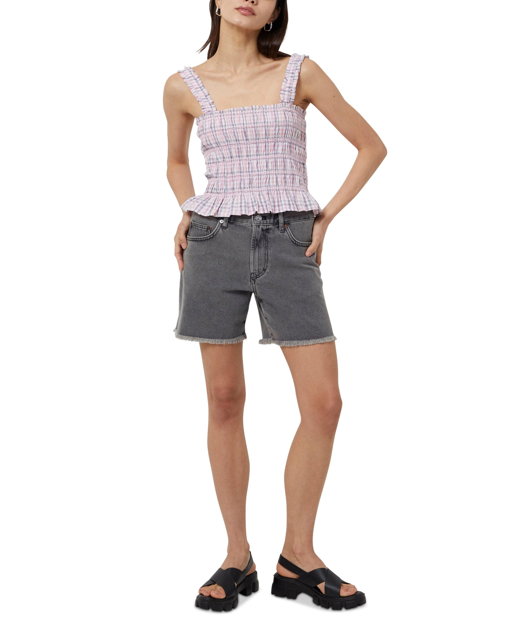 French Connection Womens Yaki Cotton Checked Smocked Premium Top