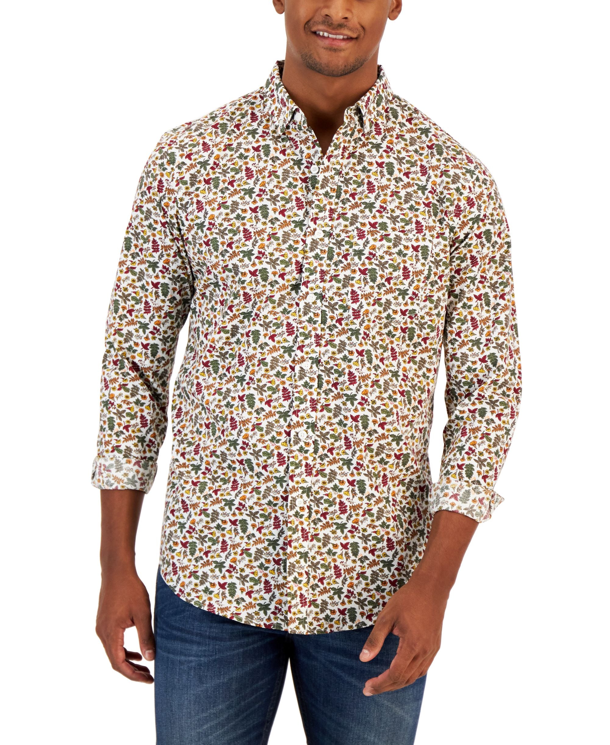 Club Room Mens Autumnal Foliage Timeless Fit Botanical Print Button-Down Poplin Modern Shirt