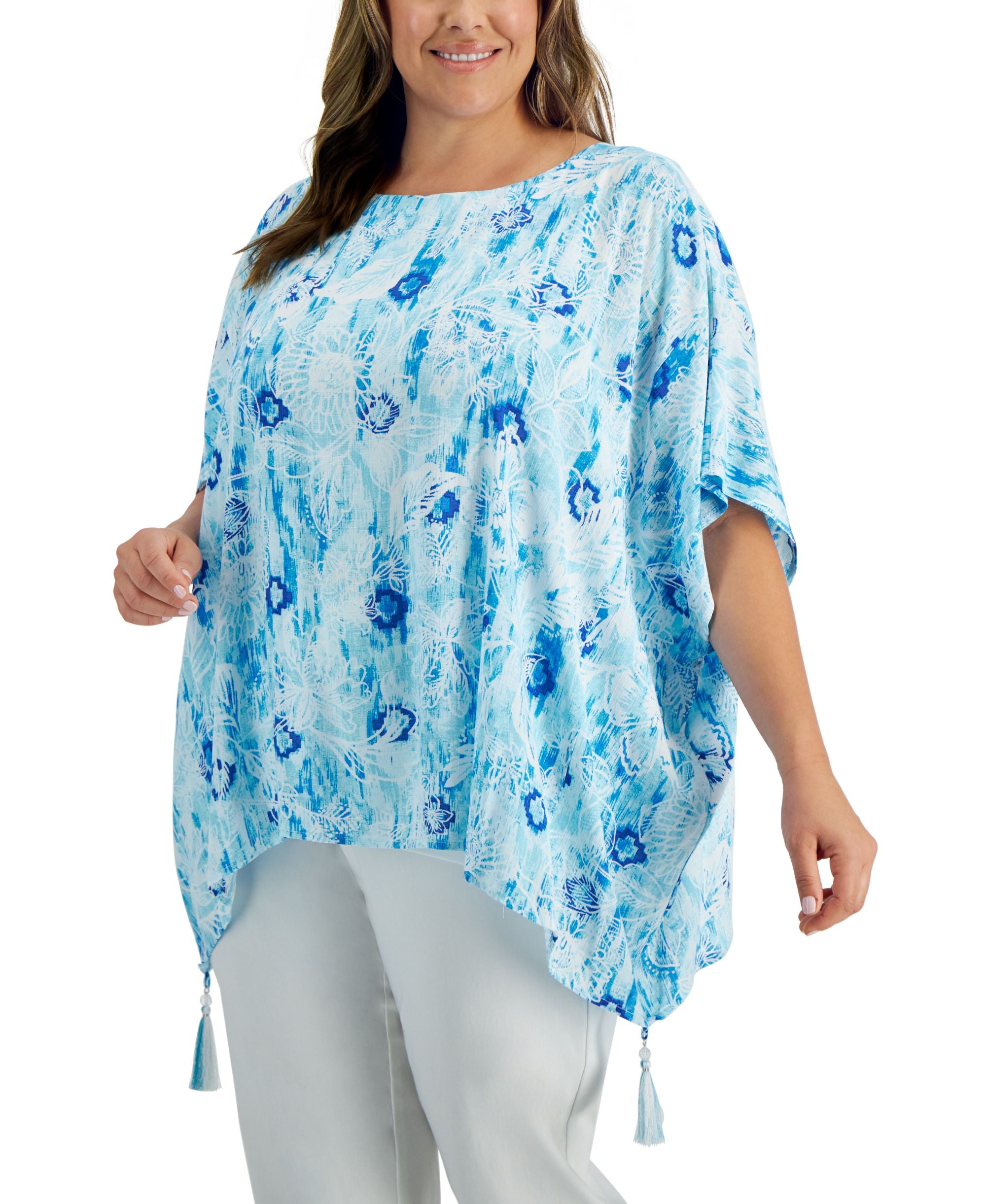 JM Collection Plus Size Printed Gauze Poncho Premium Top