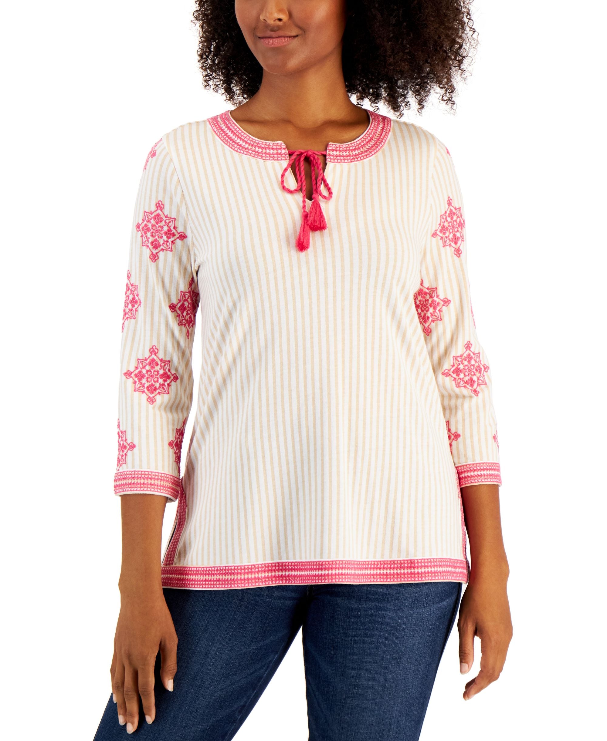 Charter Club Petite Anthem Striped Embroidery Premium Top
