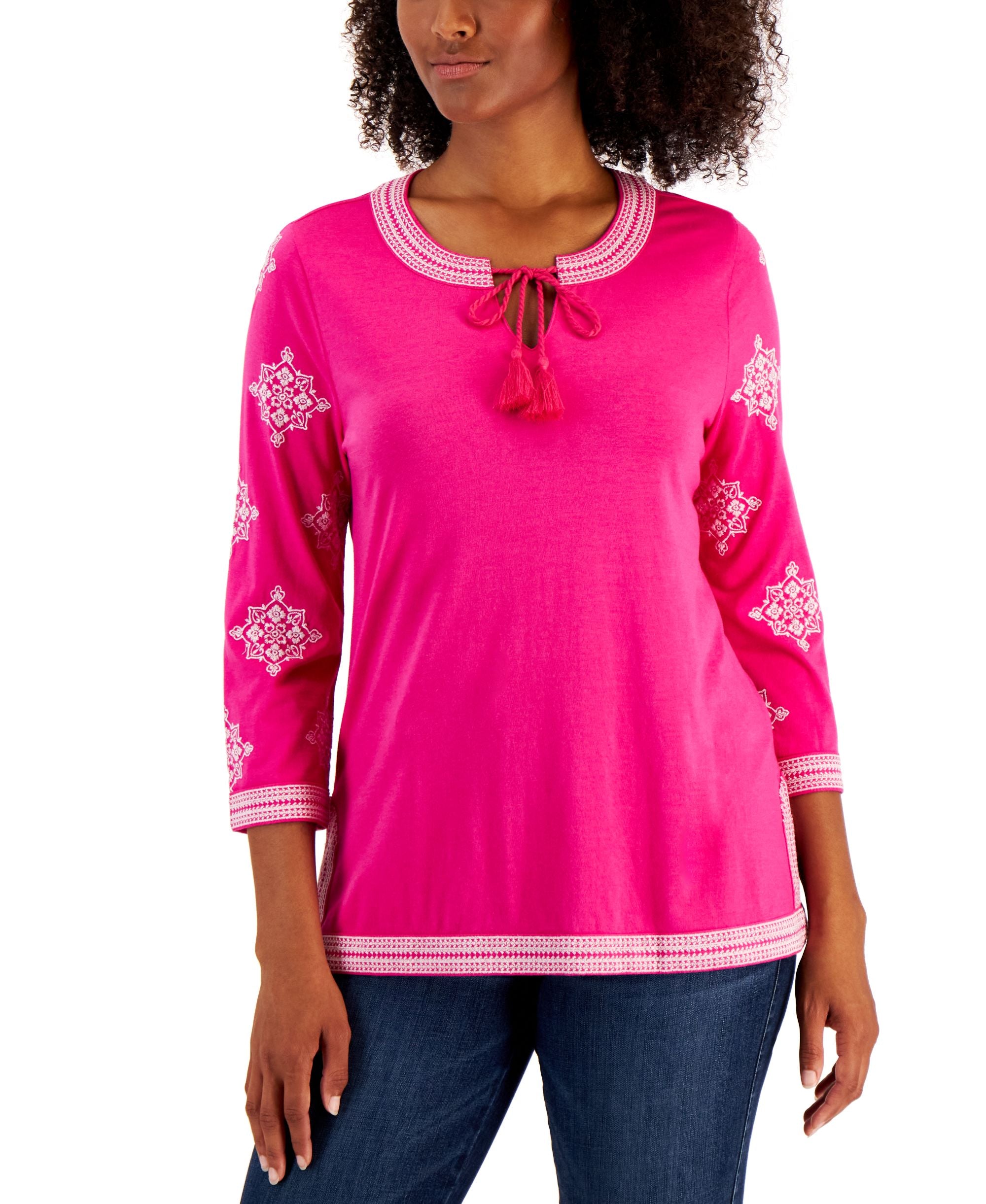 Charter Club Petite Embroidered Tie Neck Premium Top