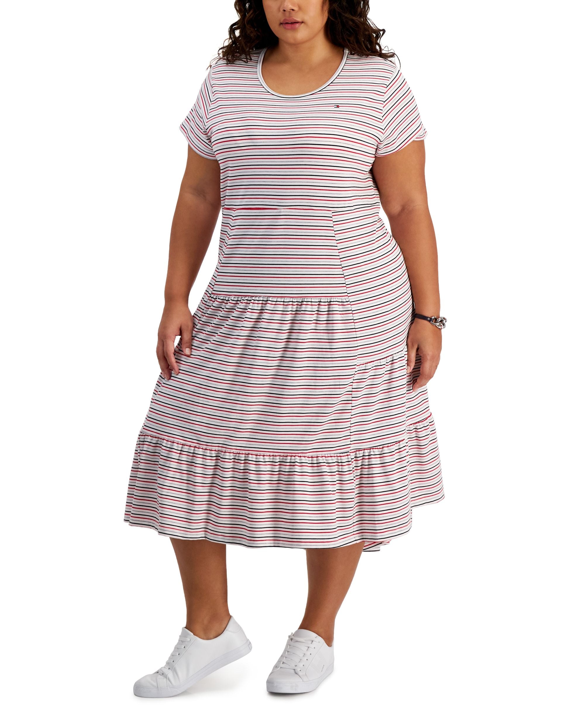 Tommy Hilfiger Plus Size Tiered Flounce Striped Midi Dress