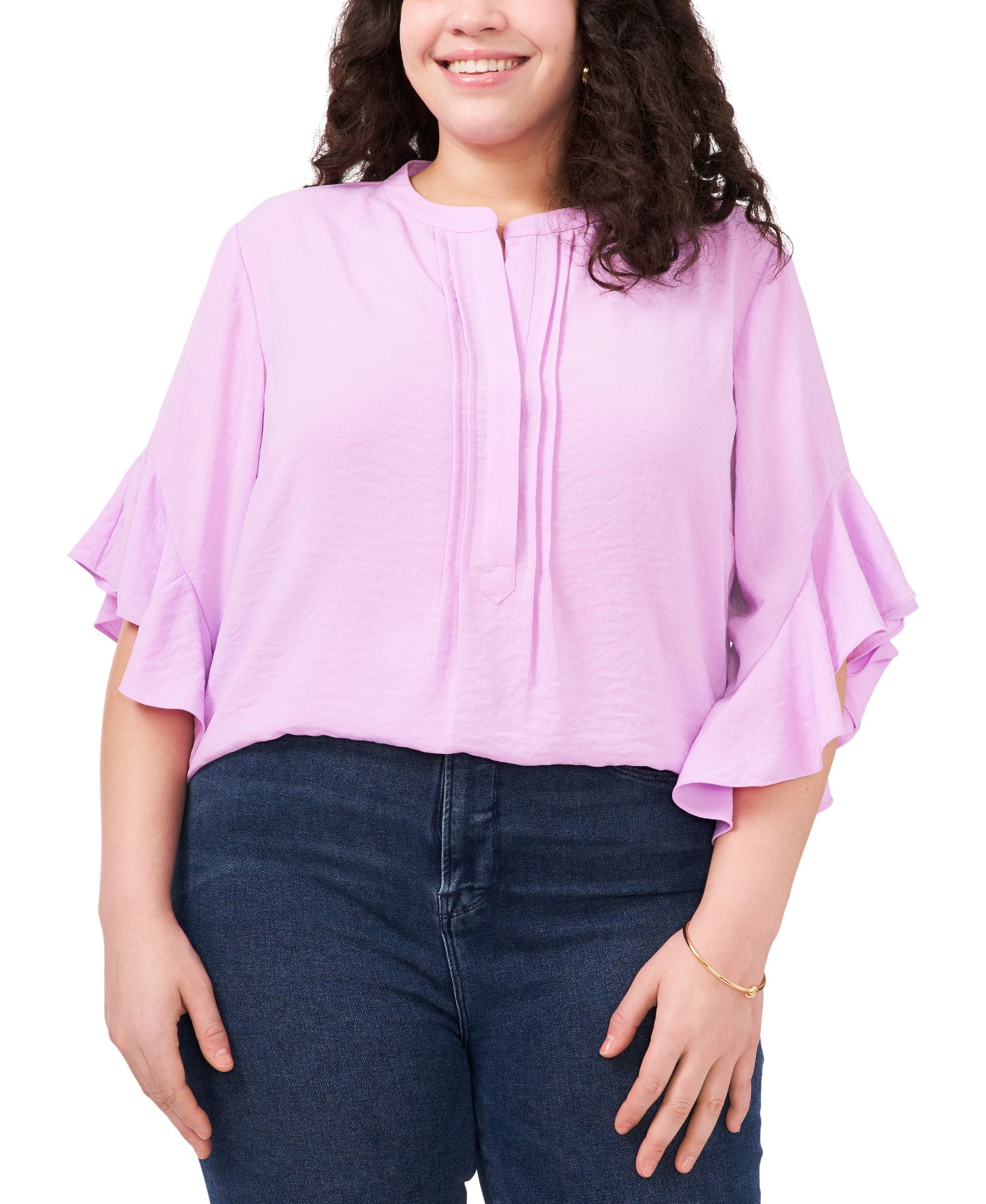 Plus Size Ruffle-Sleeve Henley Signature Blouse