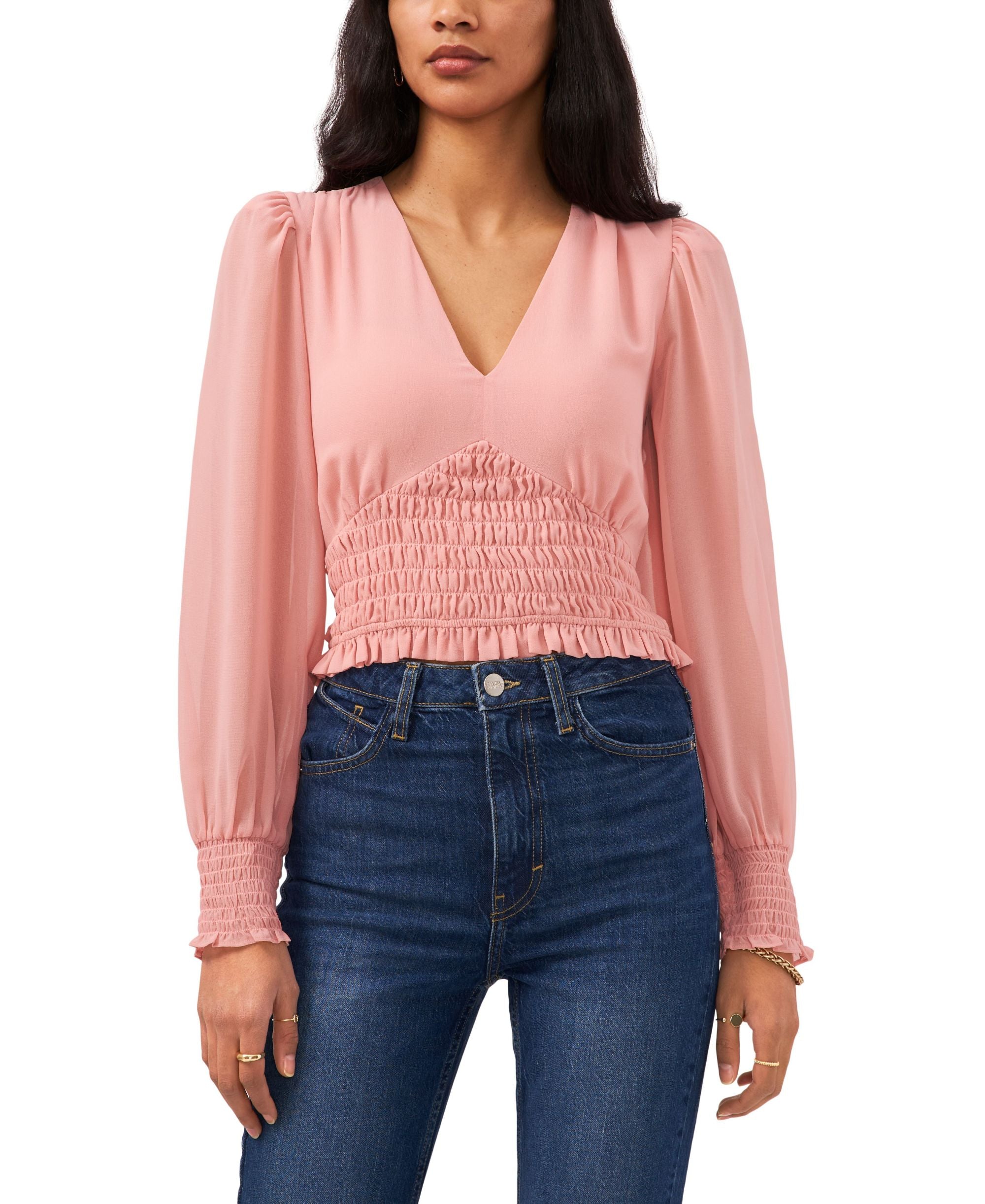 1.State Long-Sleeve Smocked Waist V Neck Premium Top