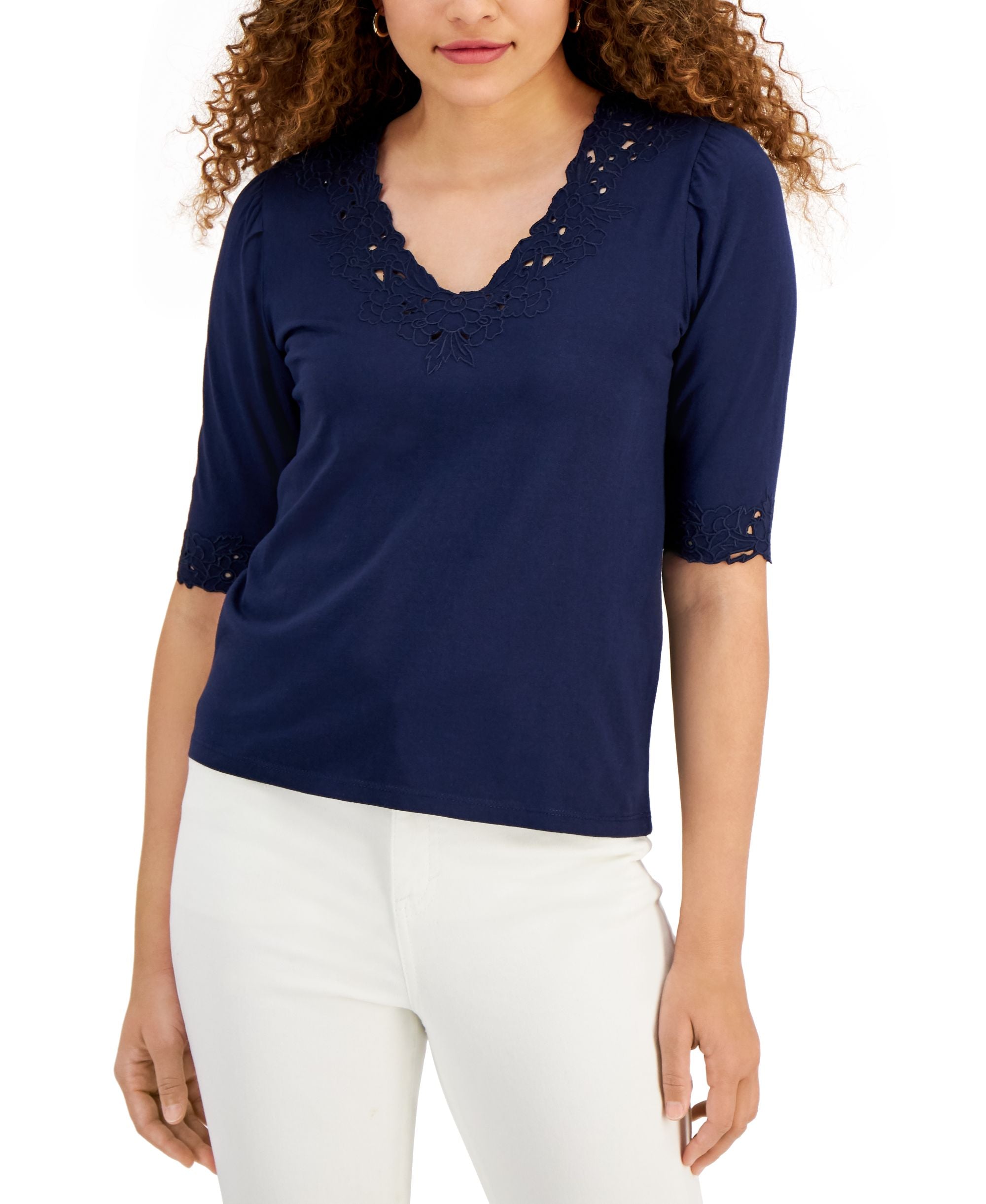 Charter Club Petite Crochet Trim Cotton Premium Top