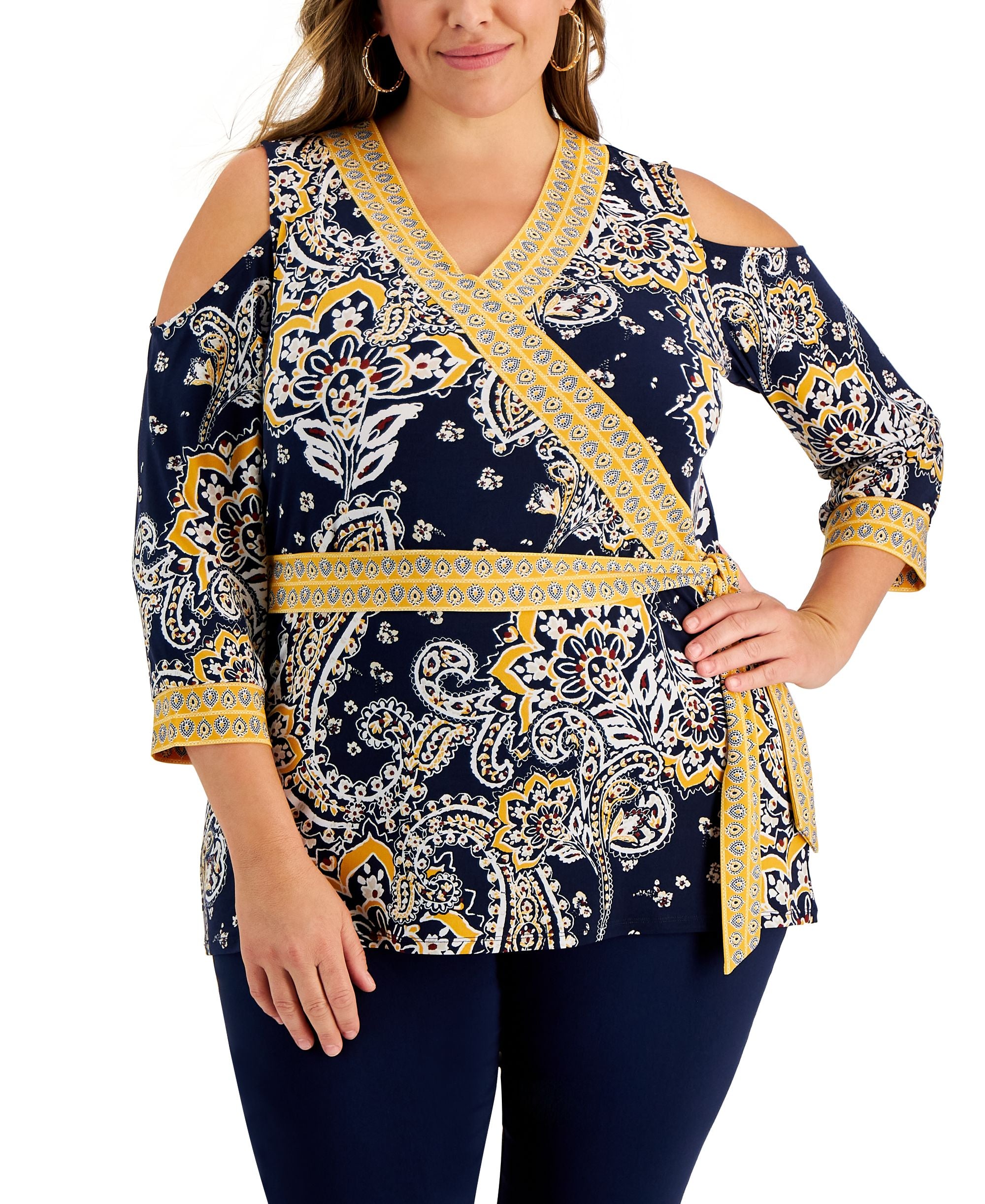 JM Collection Plus Size Nancy Paisley Print Surplice Top
