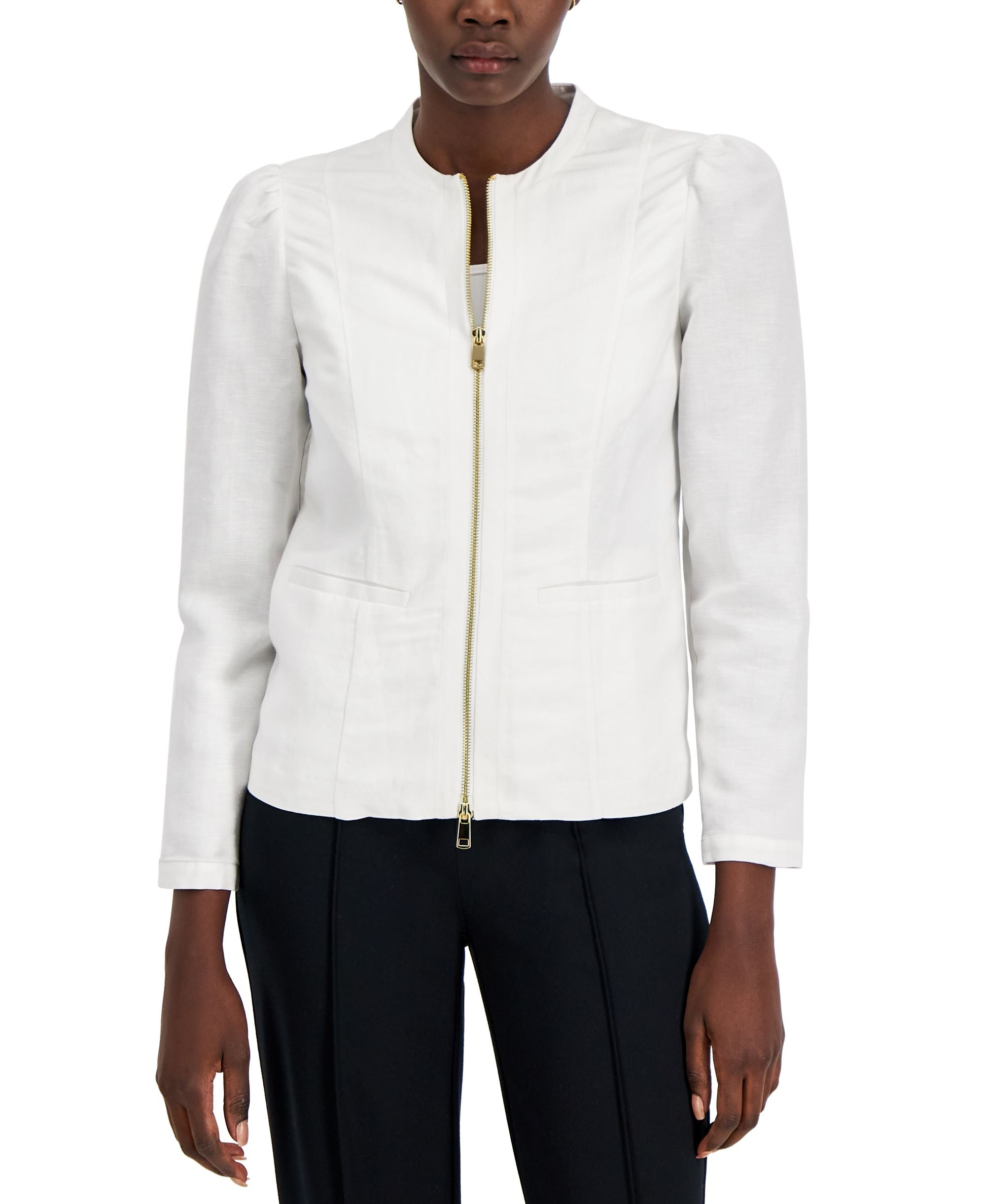 Alfani Womens Textured Linen-Blend Zip Crop Jacket