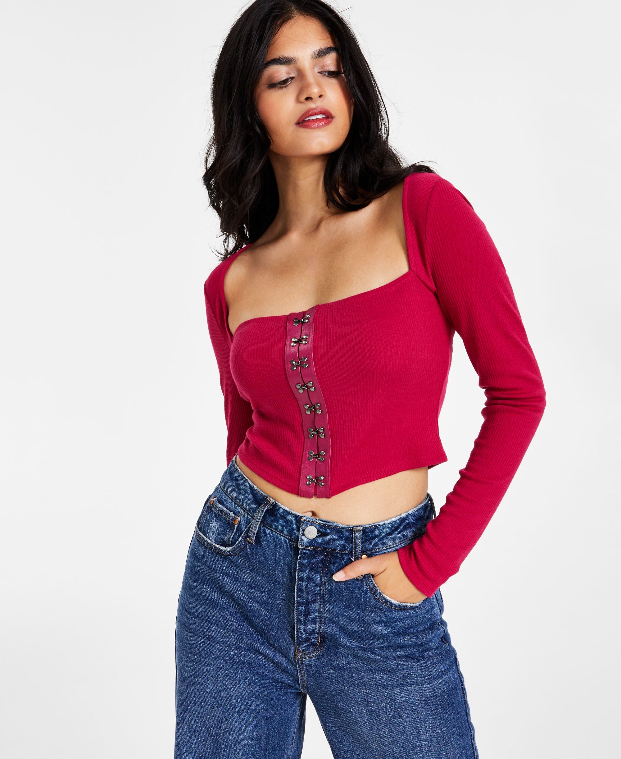 Women's Cropped Ribbed Long-Sleeve Corset Premium Top