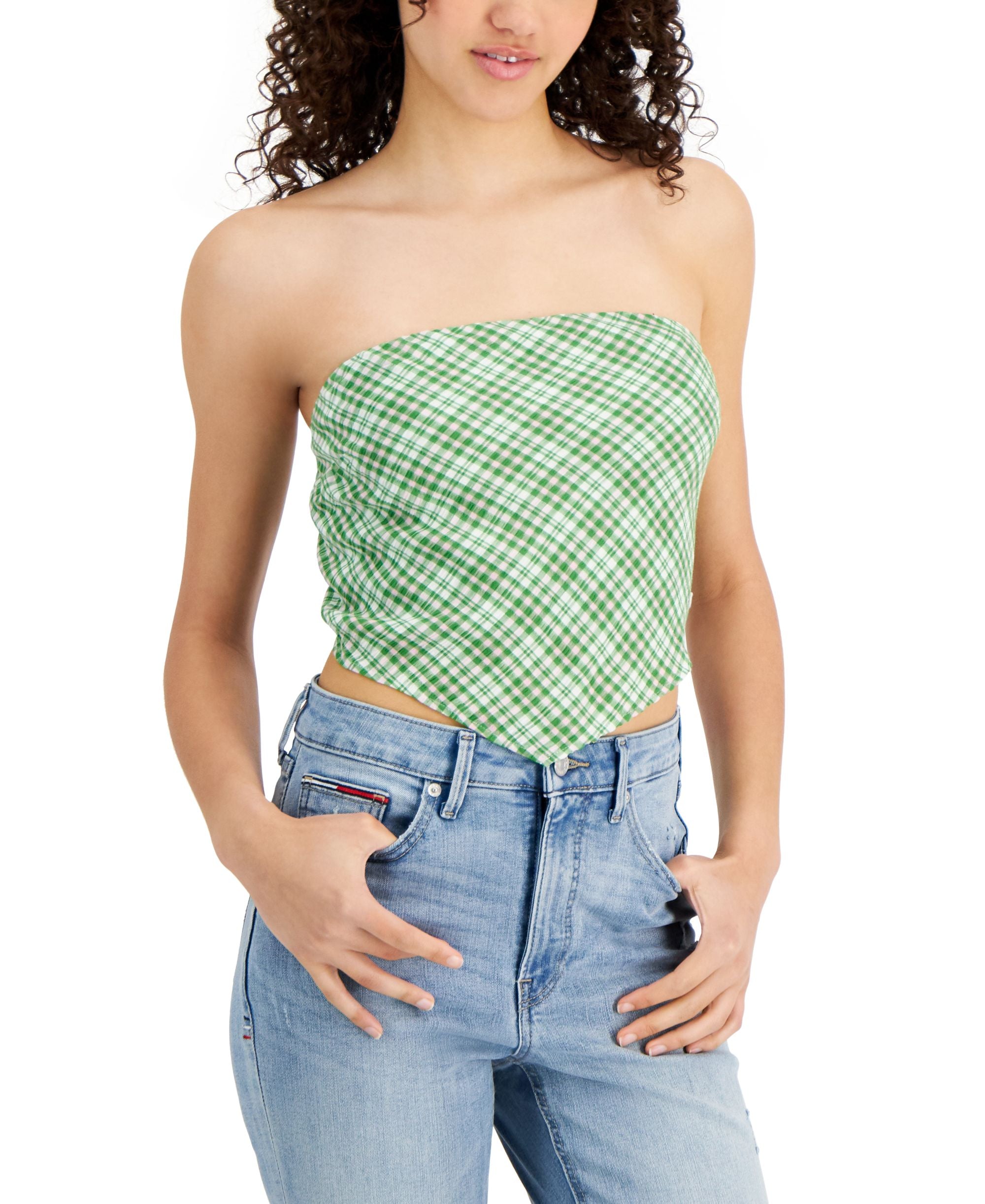 Tommy Premium Jeans Plaid Smocked Scarf Bandeau Premium Top