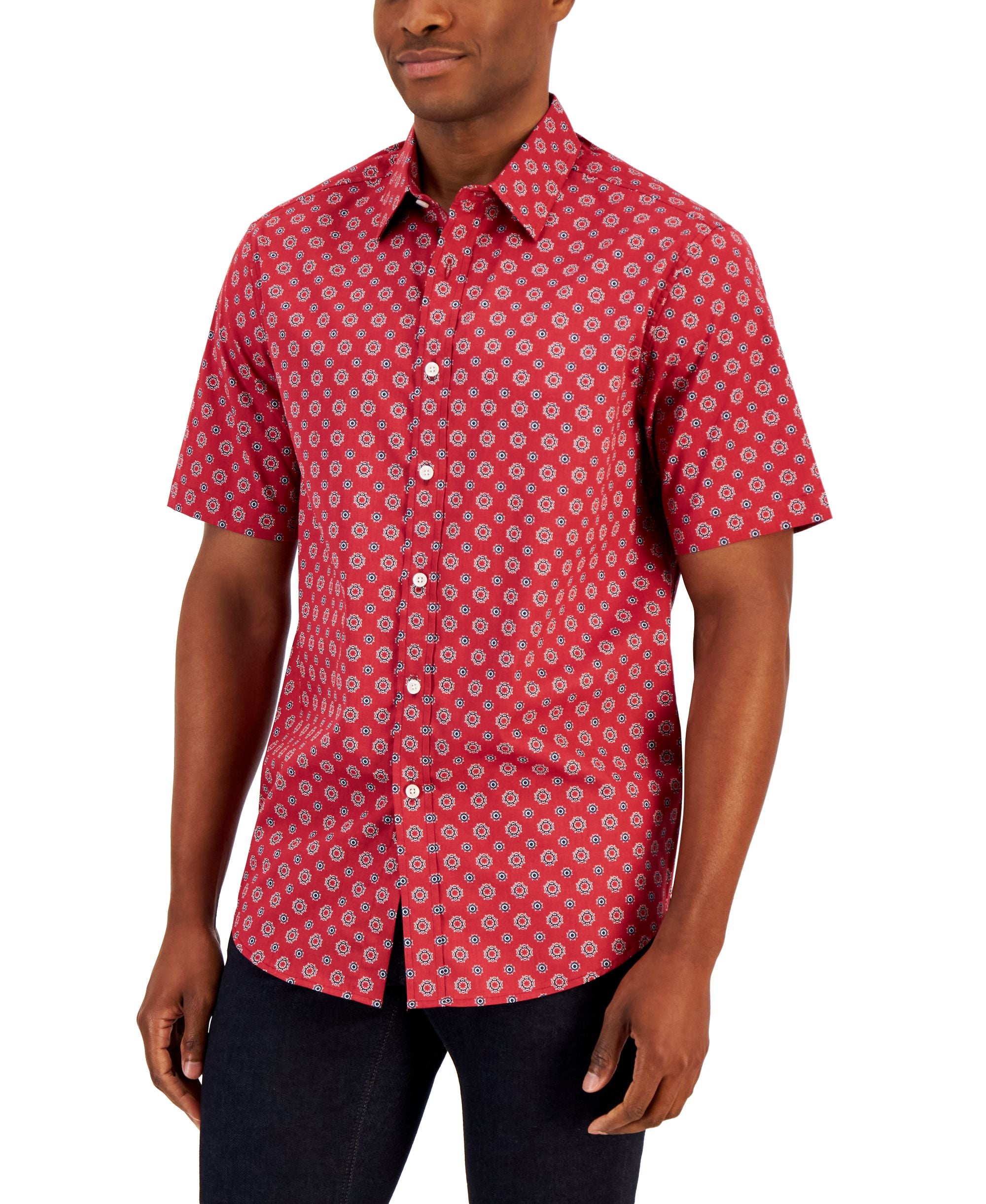 Club Room Mens Pisa Medallion Print Refined Woven Short-Sleeve Modern Shirt