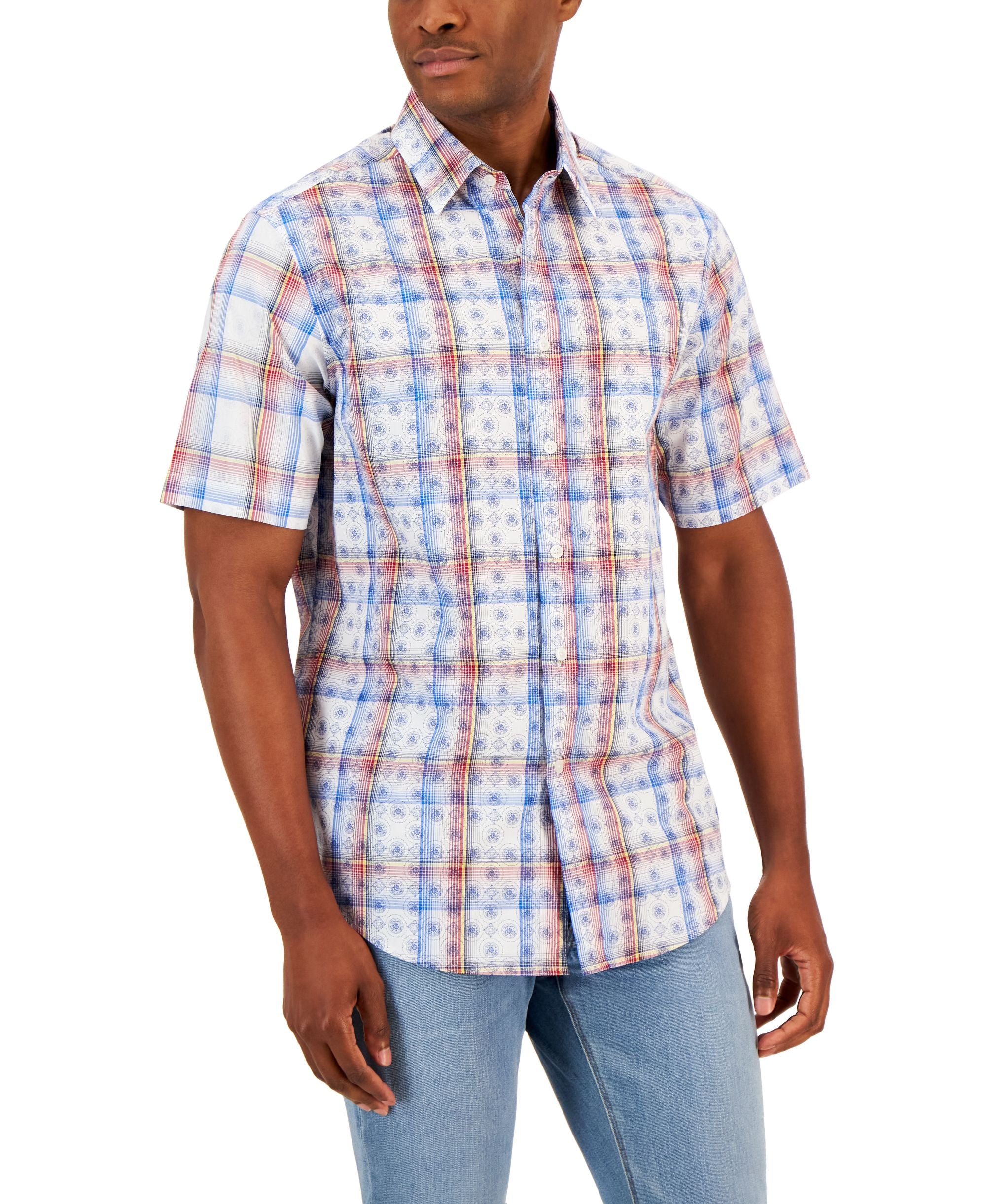 Club Room Mens Bally Plaid Refined Woven Short-Sleeve Modern Shirt