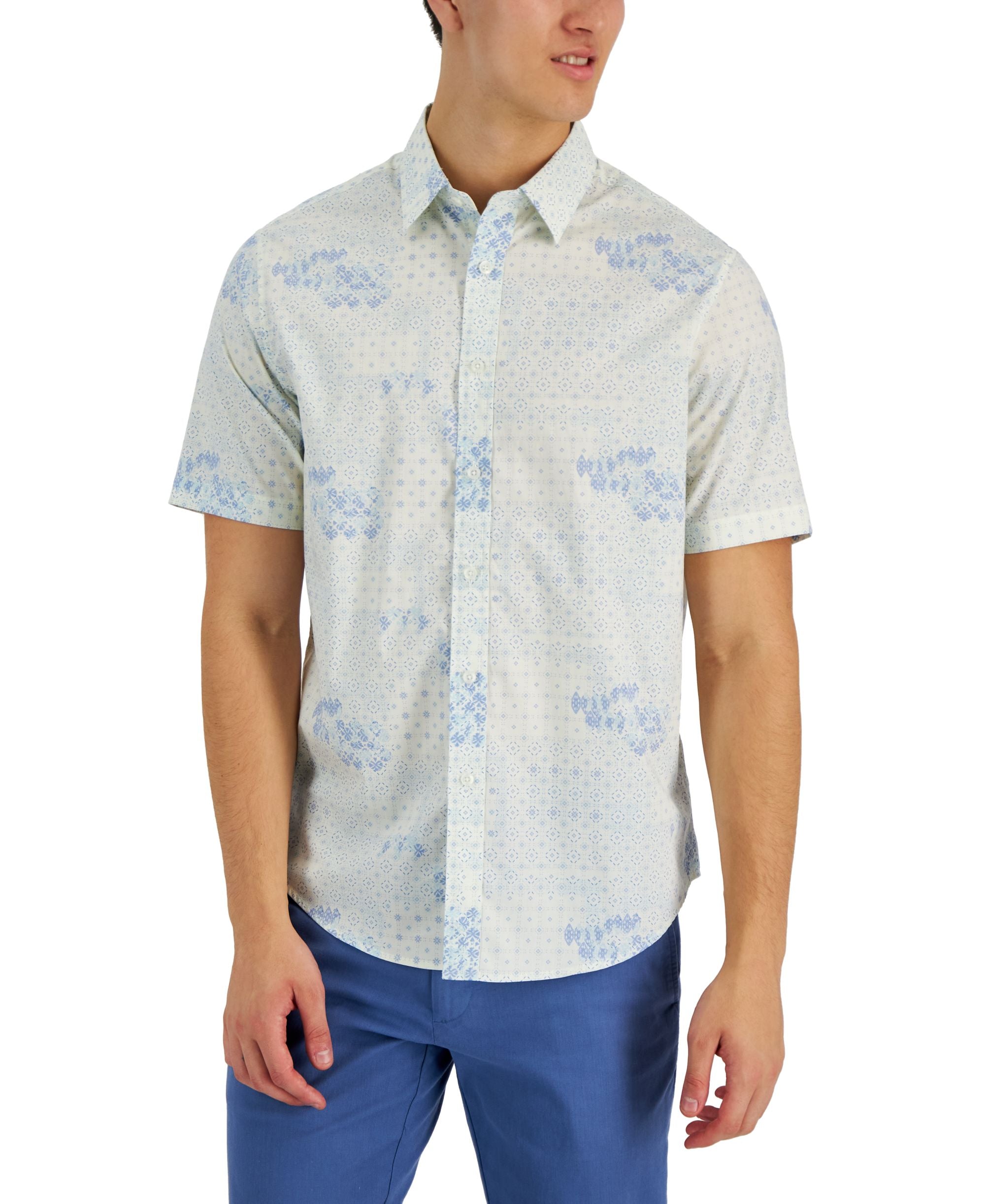 Club Room Mens Brook Patchwork Refined Woven Short-Sleeve Modern Shirt