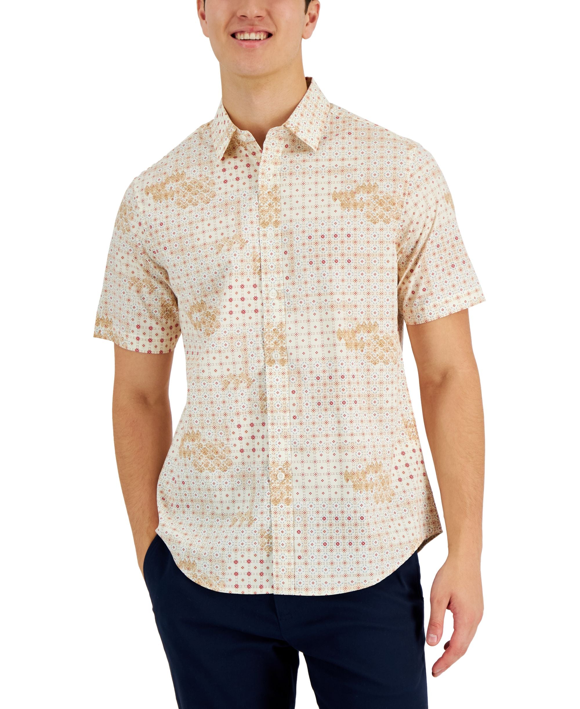 Club Room Mens Brook Patchwork Refined Woven Short-Sleeve Modern Shirt
