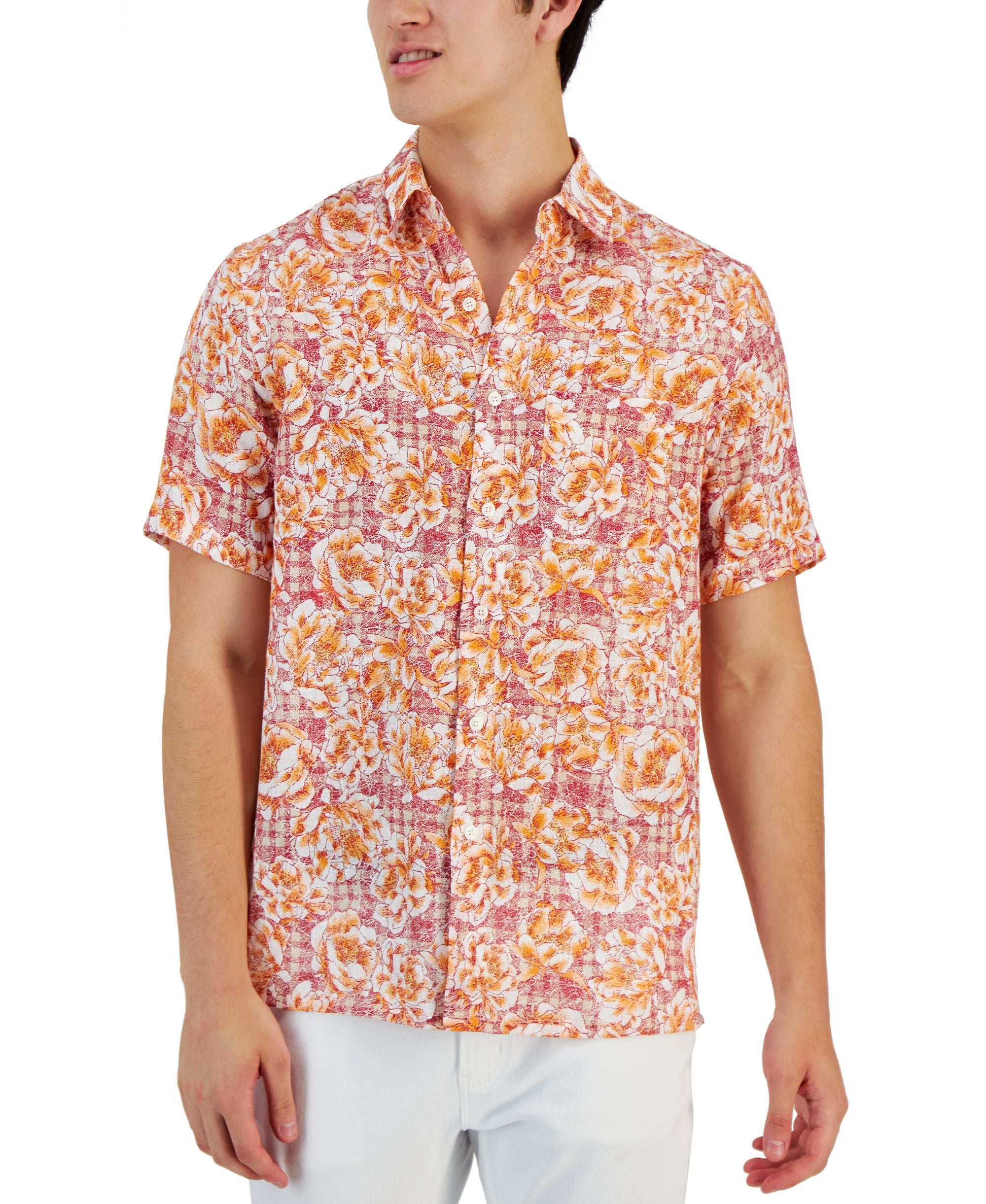 Club Room Mens Theora Garden Check Floral Linen-Blend Short-Sleeve Pocket Modern Shirt