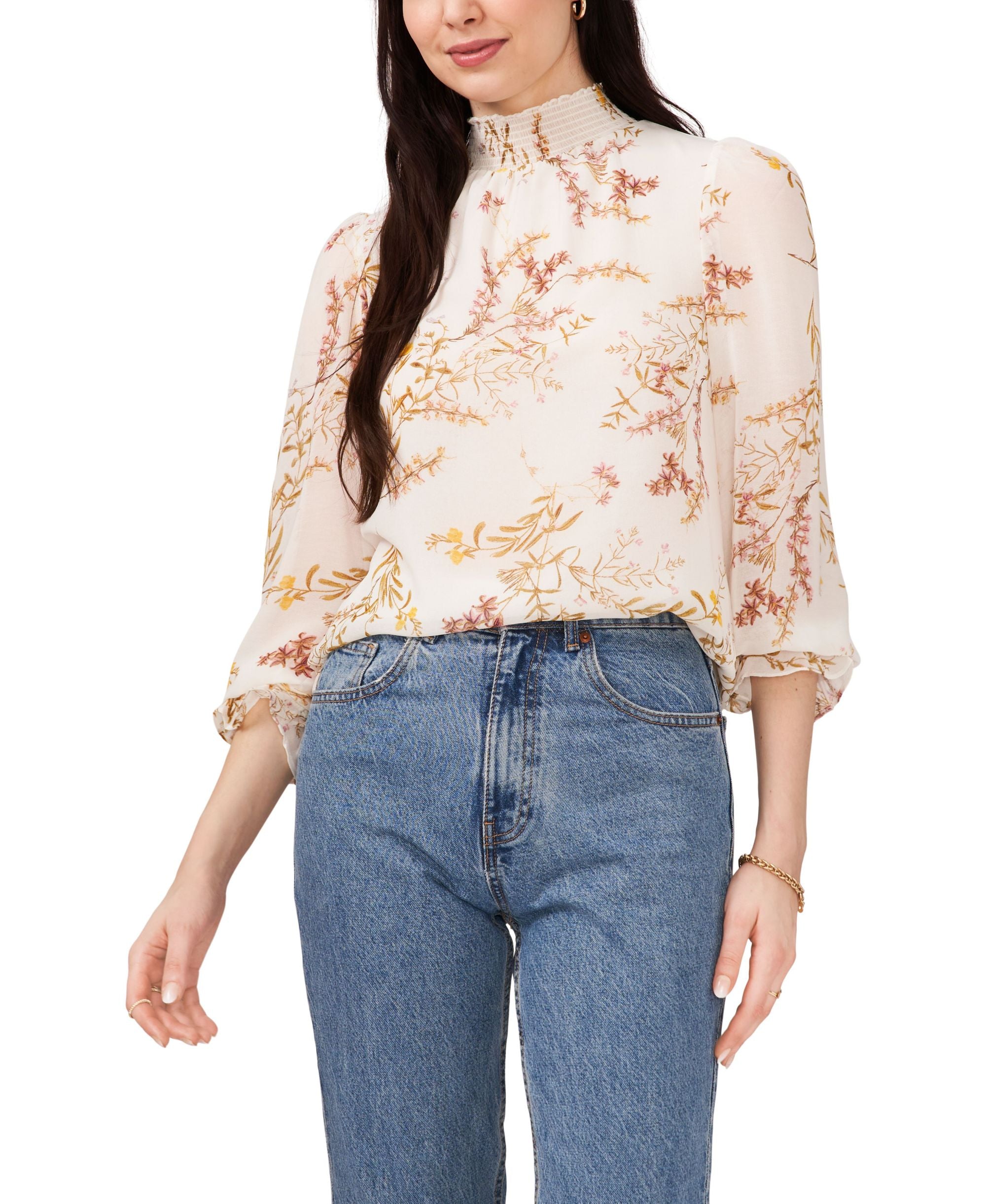 1.State Printed Long-Sleeve Smocked Neck Premium Top