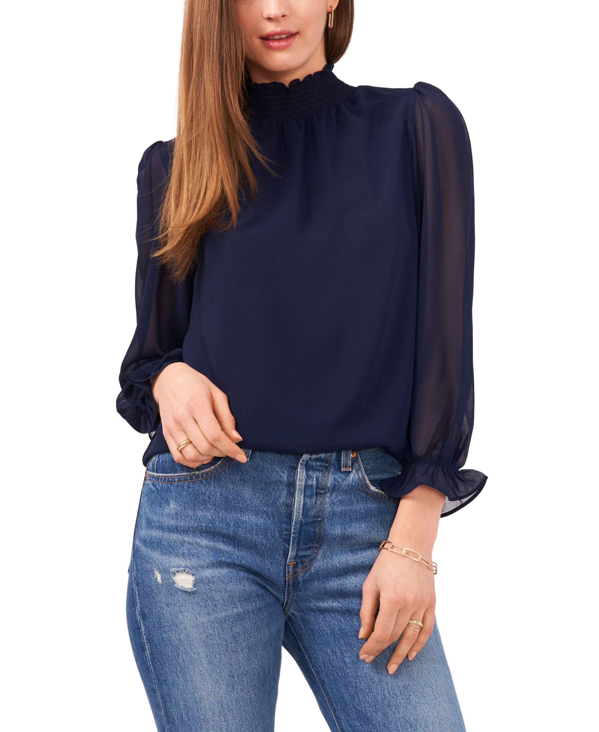 Women's Smocked Mock-Neck Long-Sleeve Signature Blouse