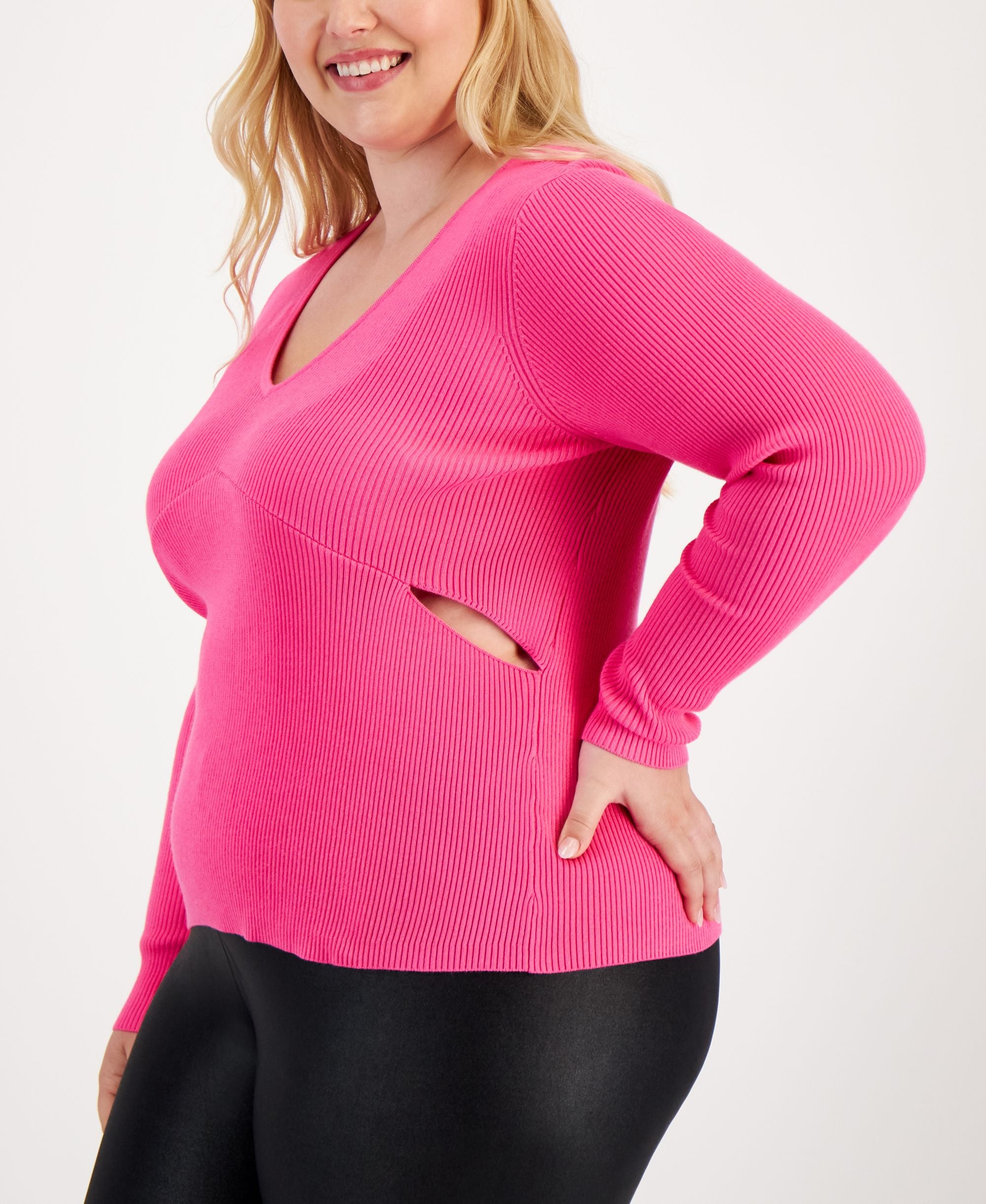 Bar III Modern Plus Size V Neck Cutout Sweater