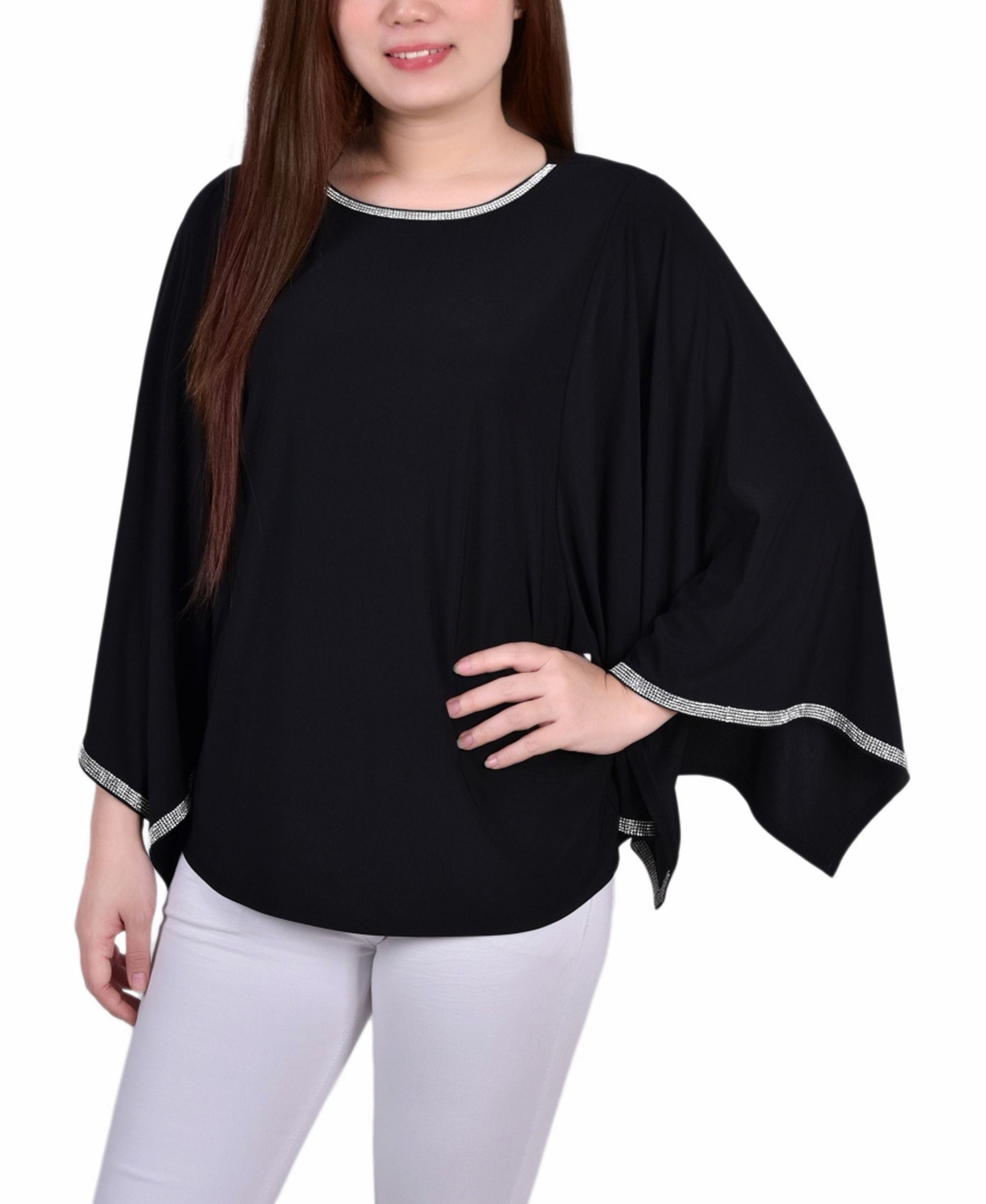 Petite Size Long Batwing Premium Top with Glitz Tape at Neckline and Sleeves