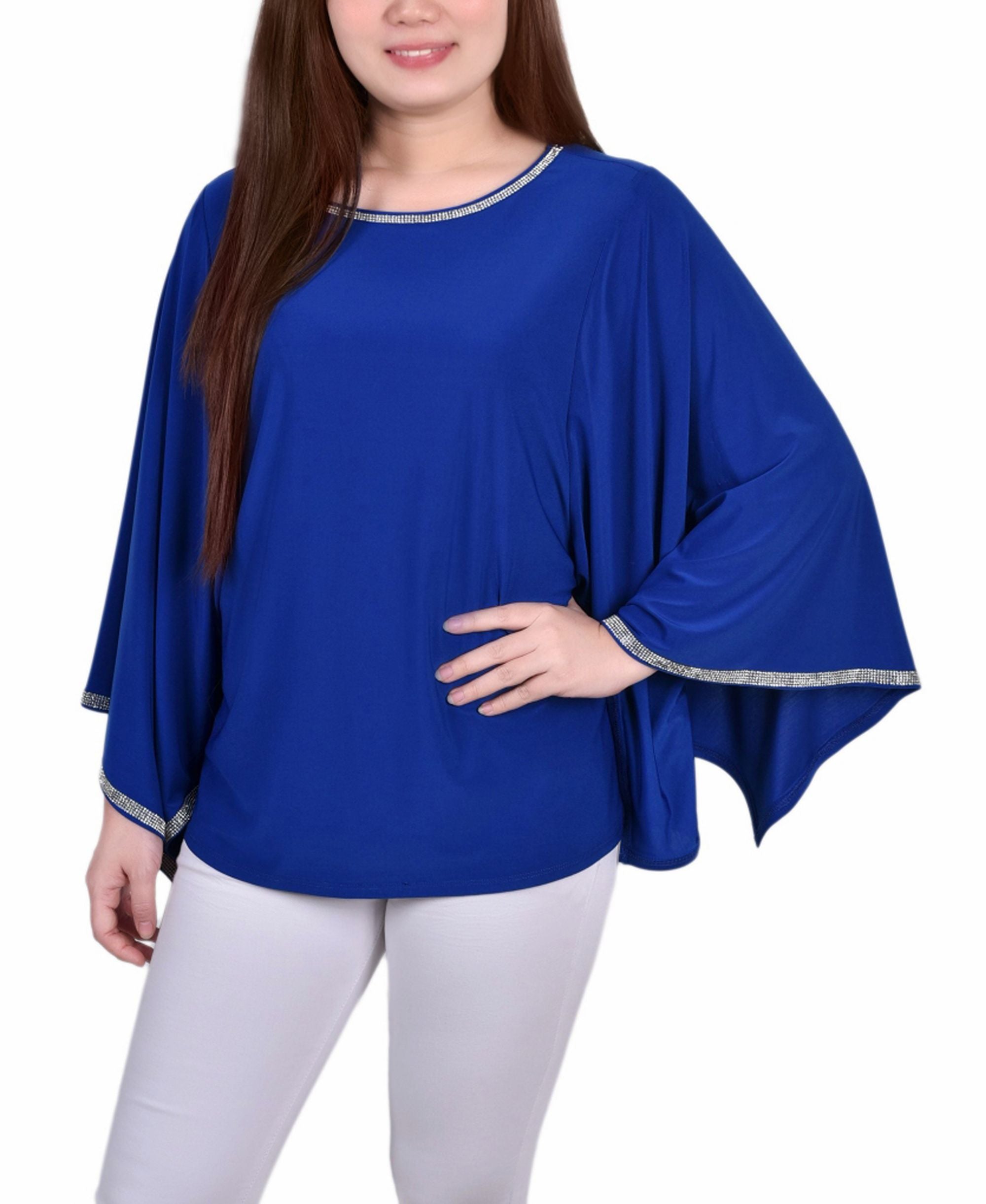 Petite Size Long Batwing Premium Top with Glitz Tape at Neckline and Sleeves