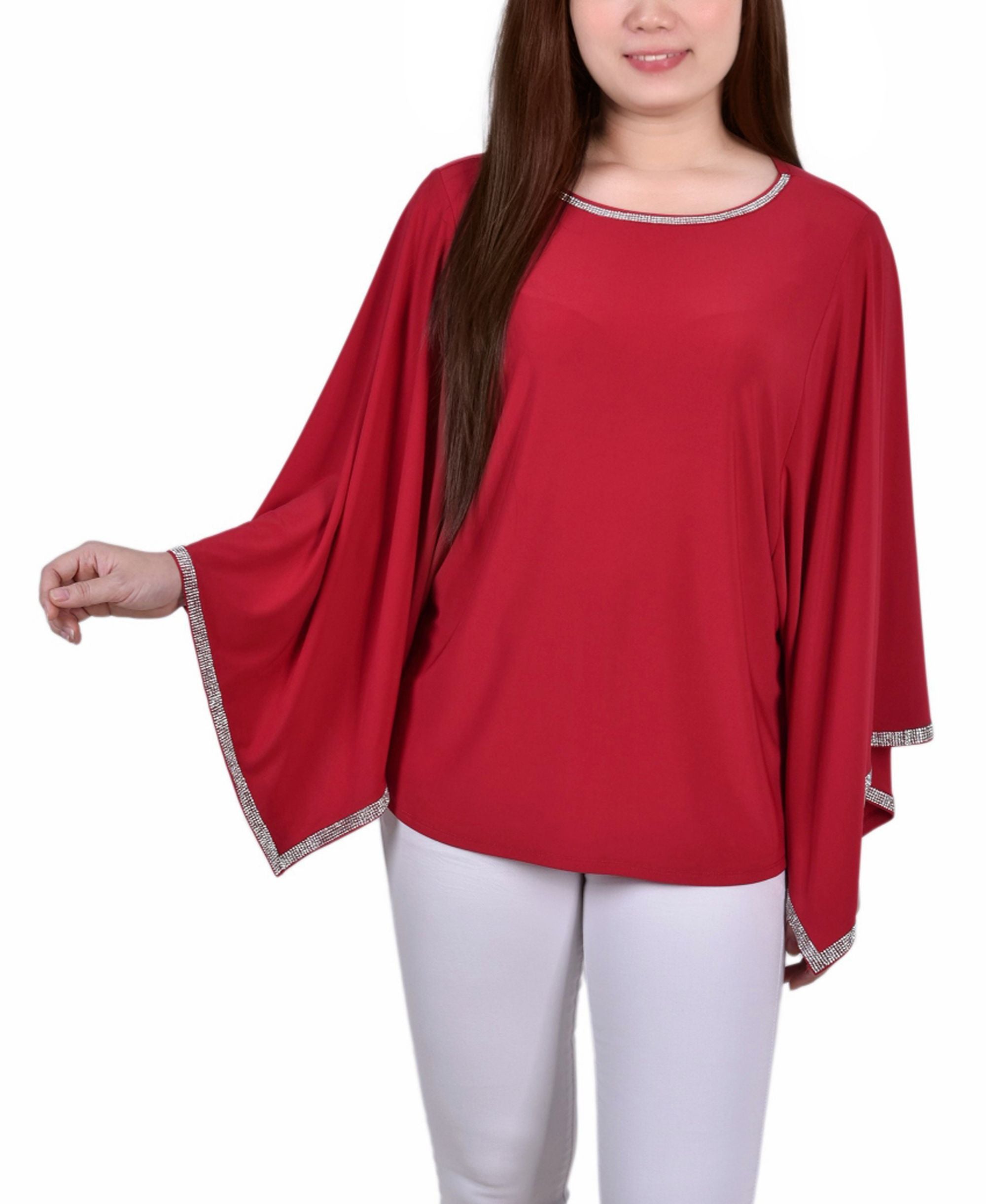 Petite Size Long Batwing Premium Top with Glitz Tape at Neckline and Sleeves
