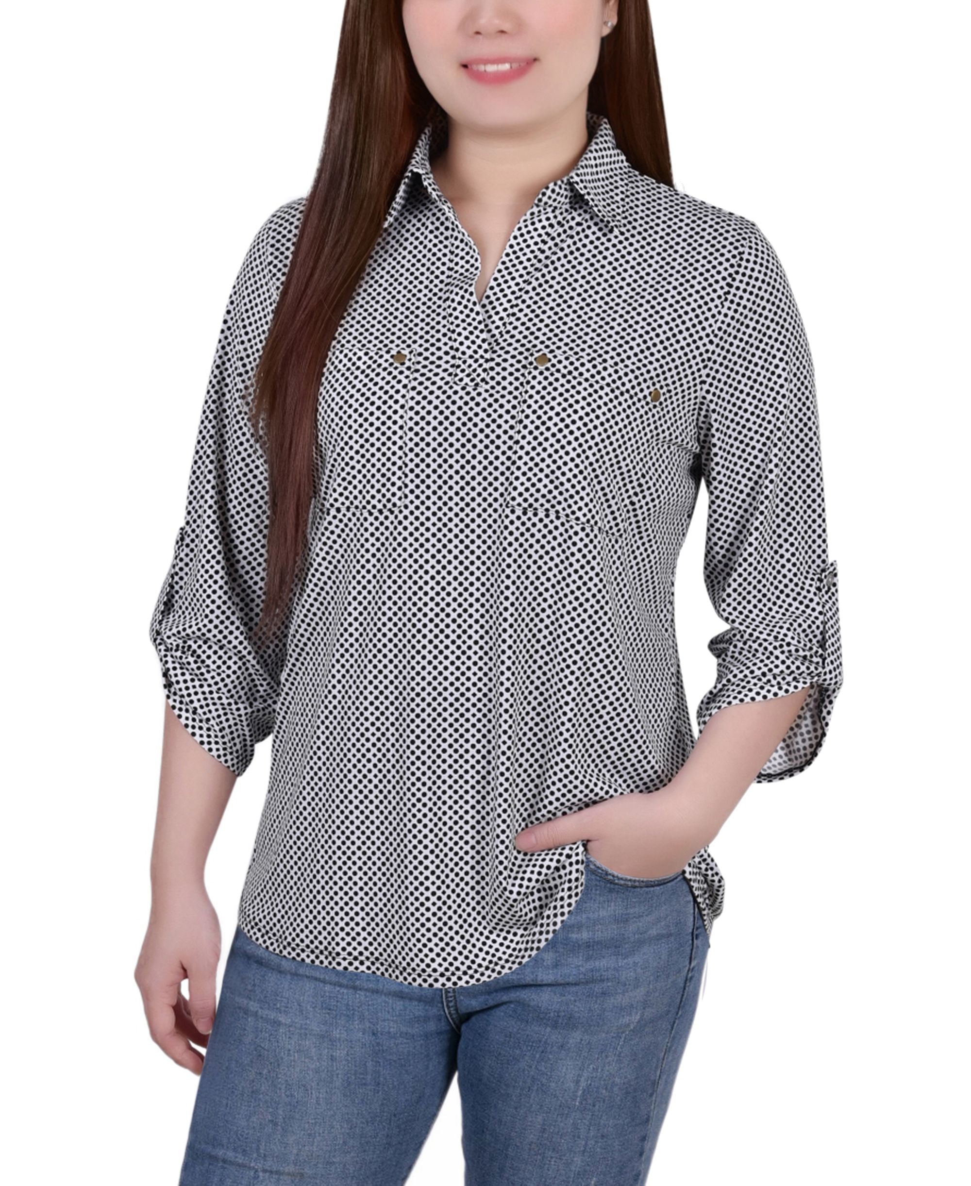 Women's 3/4 Ruched Sleeve Studded Y-neck Premium Top