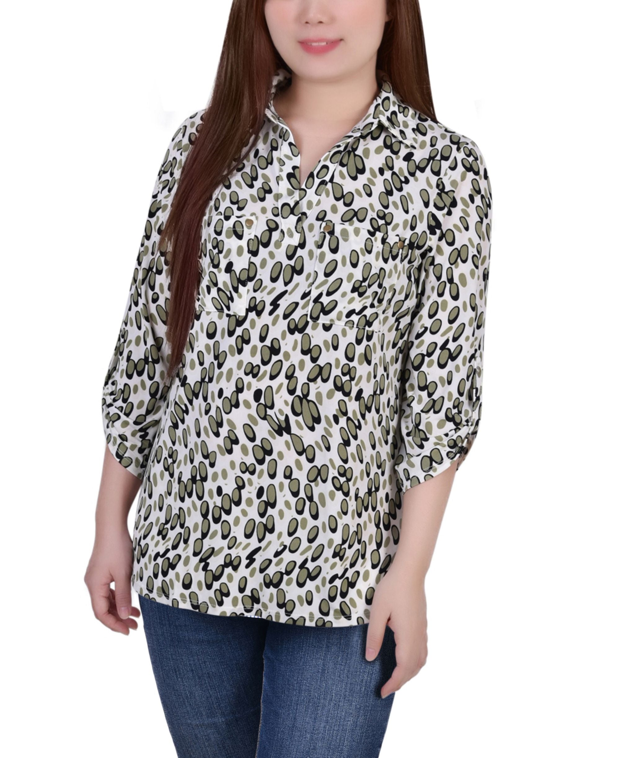 Women's 3/4 Ruched Sleeve Studded Y-neck Premium Top