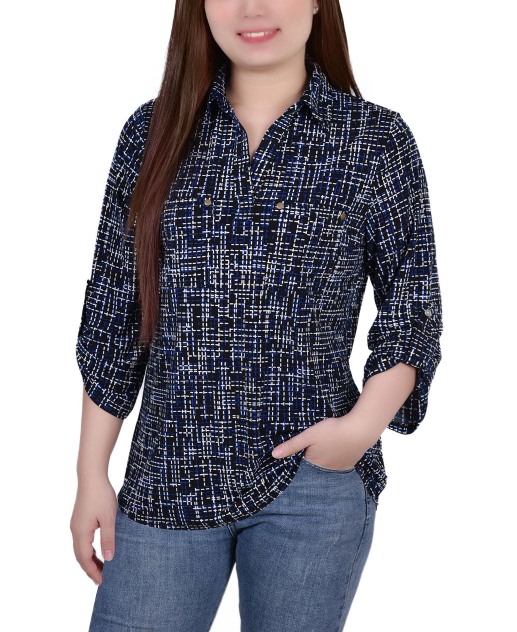 Women's 3/4 Ruched Sleeve Studded Y-neck Premium Top