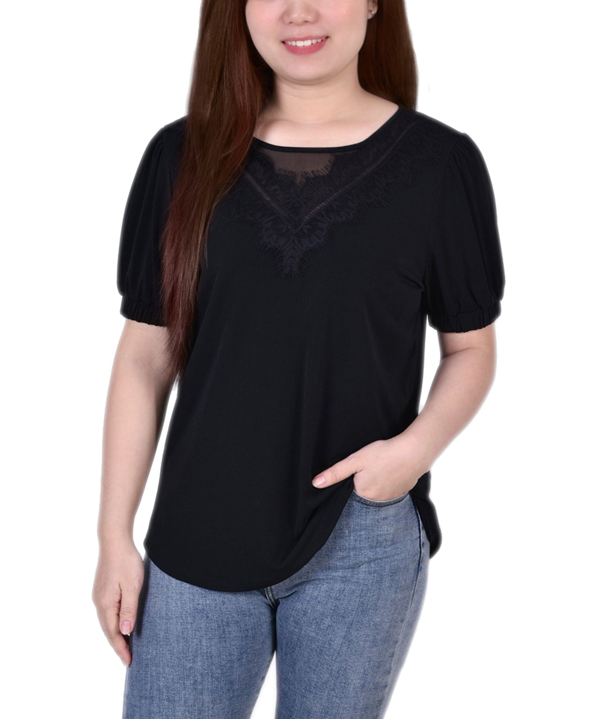 Petite Size Short Puff-Sleeve Premium Top With Lace