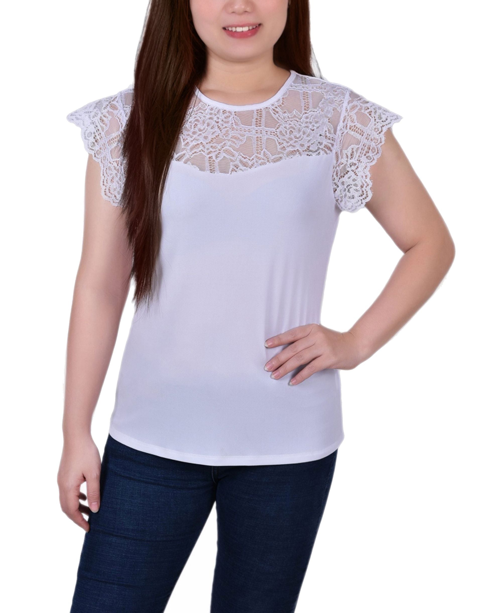 Petite Size Crepe Knit Premium Top With Lace Flanged Sleeve Yoke