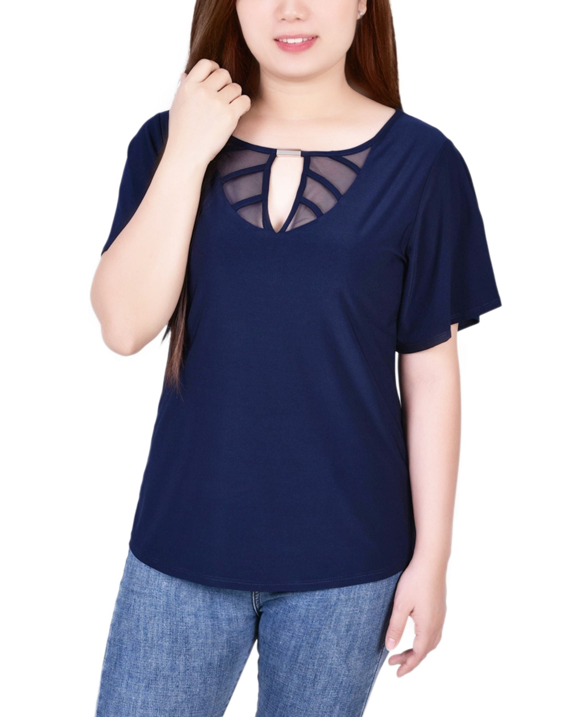 Petite Mesh Flutter-Sleeve Knit Premium Top