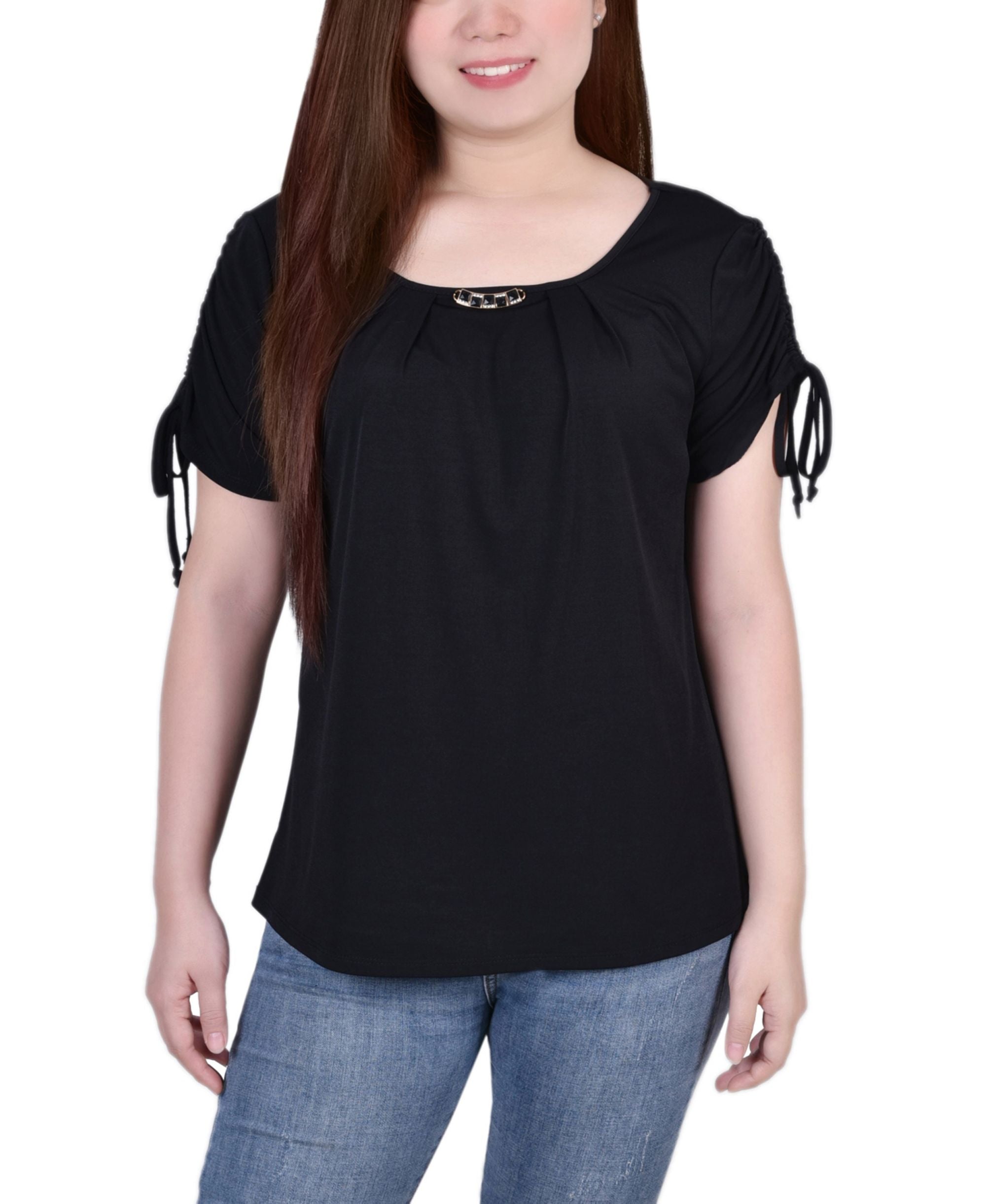Petite Size Short Ruched Sleeve Premium Top with Pleats