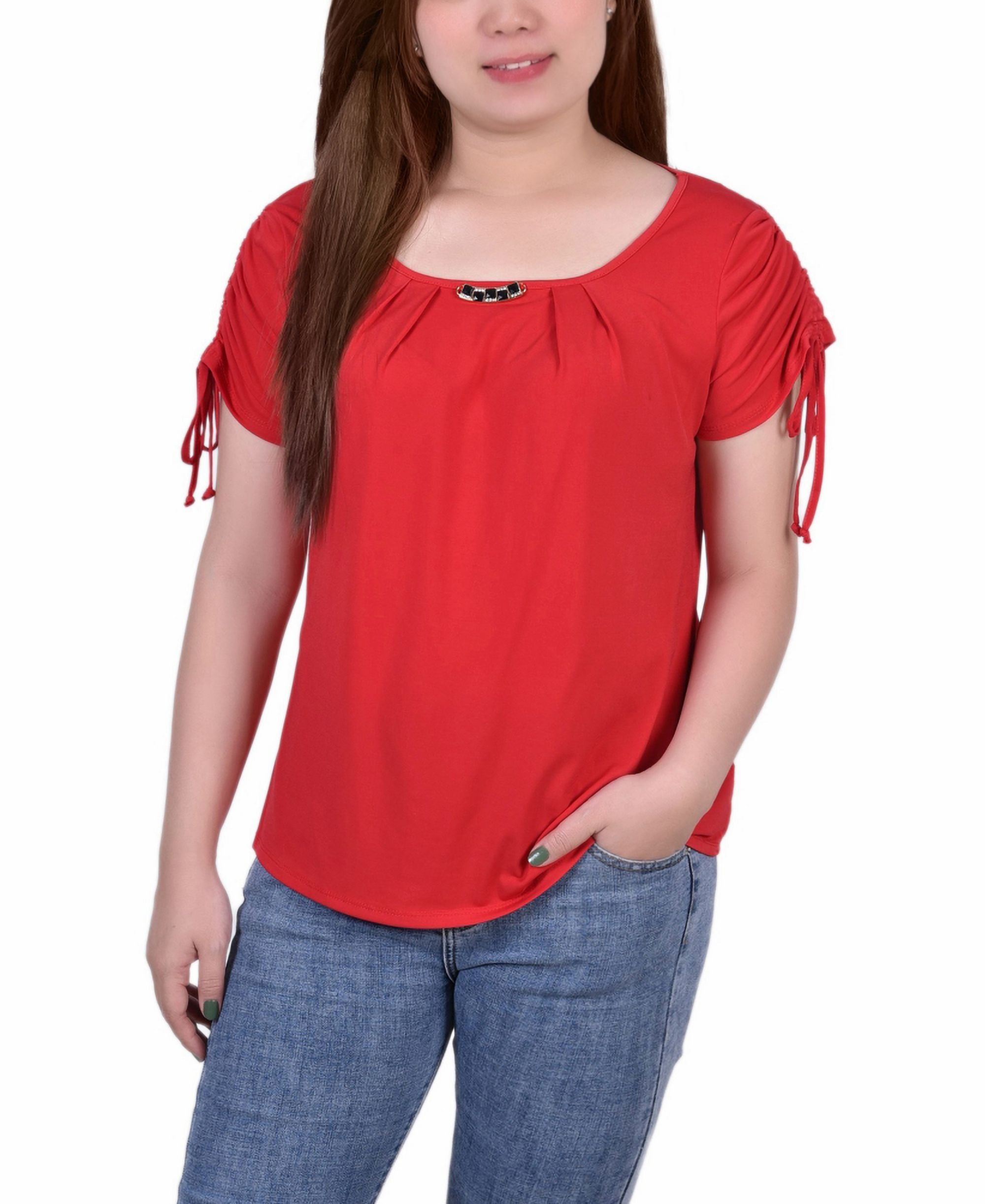 Petite Size Short Ruched Sleeve Premium Top with Pleats