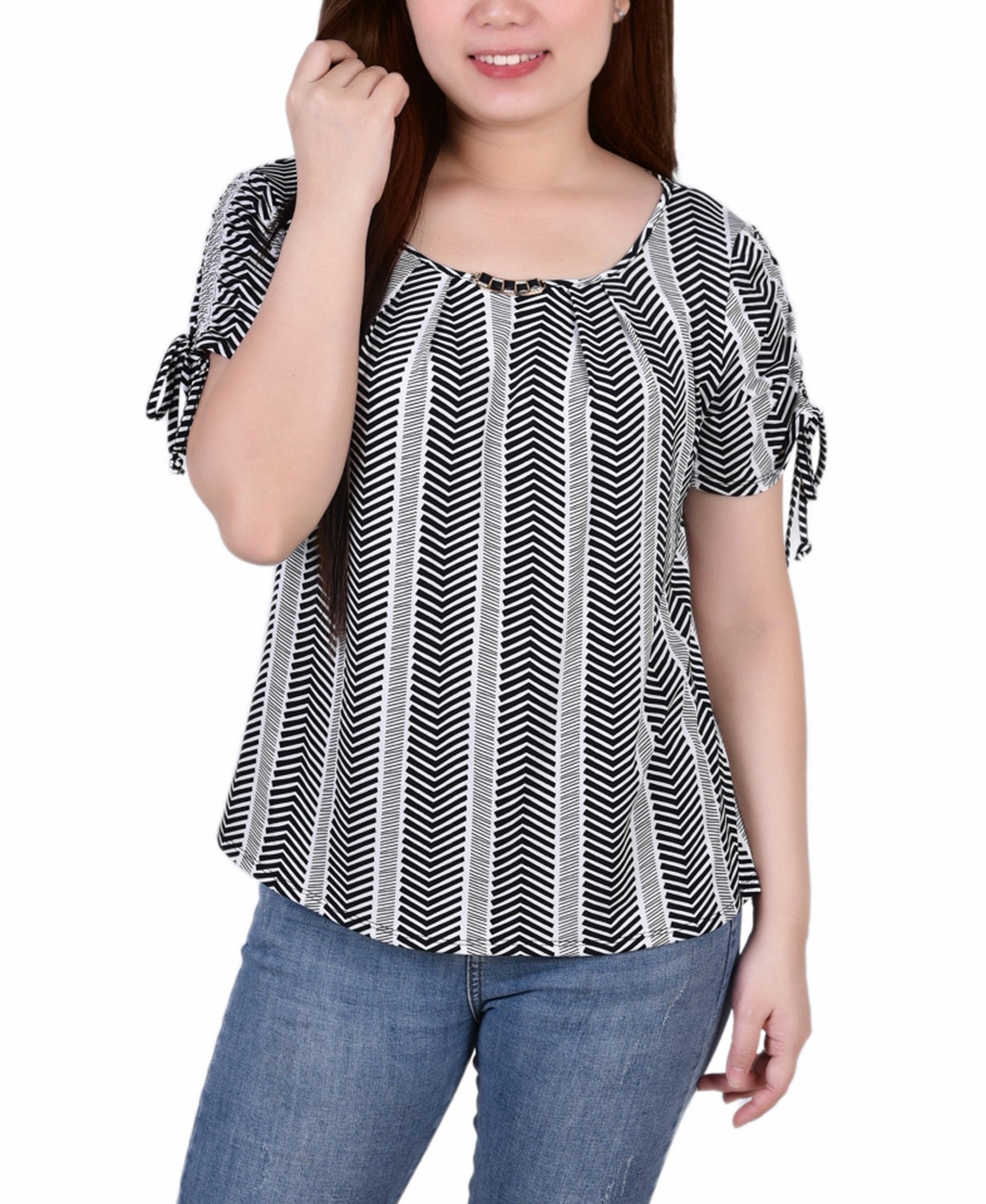 Petite Size Short Ruched Sleeve Premium Top with Pleats