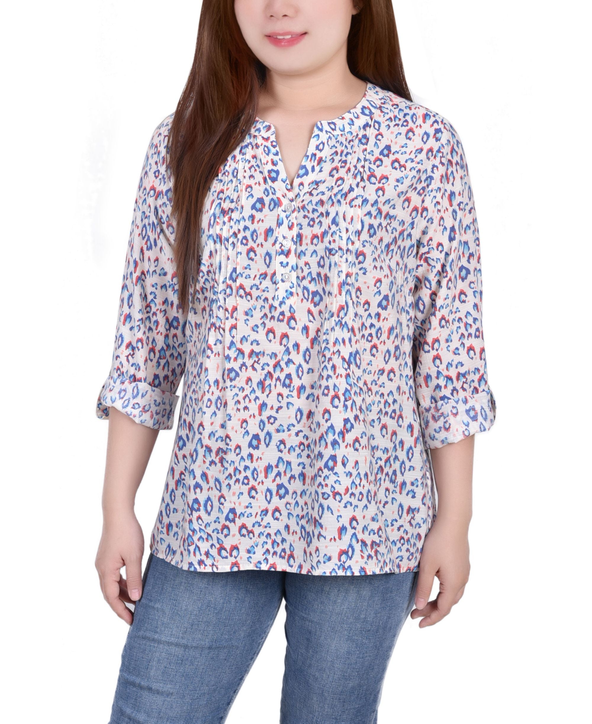 Petite Size 3/4 Roll Tab Sleeve Signature Blouse Premium Top