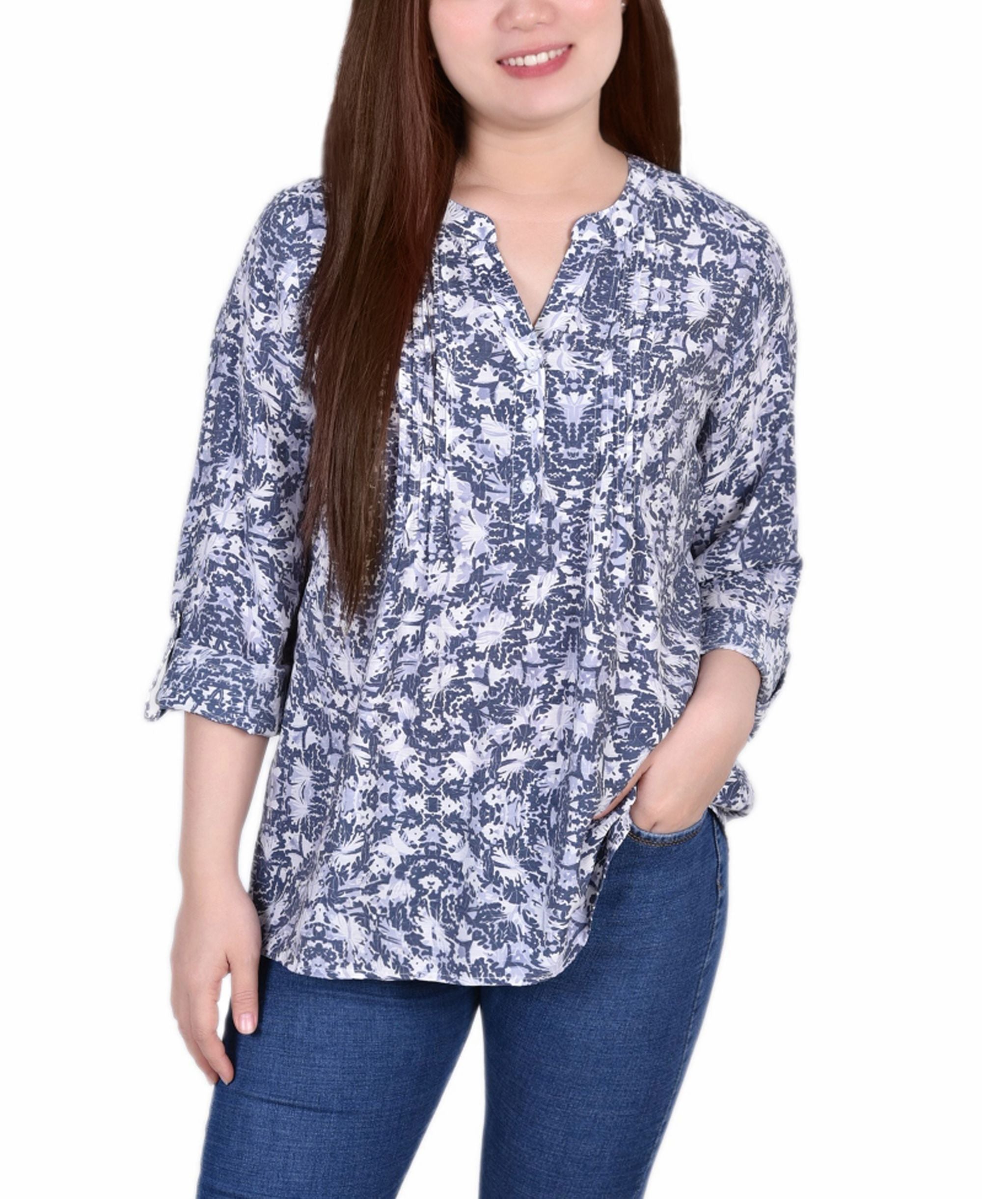 Petite Size 3/4 Roll Tab Sleeve Signature Blouse Premium Top