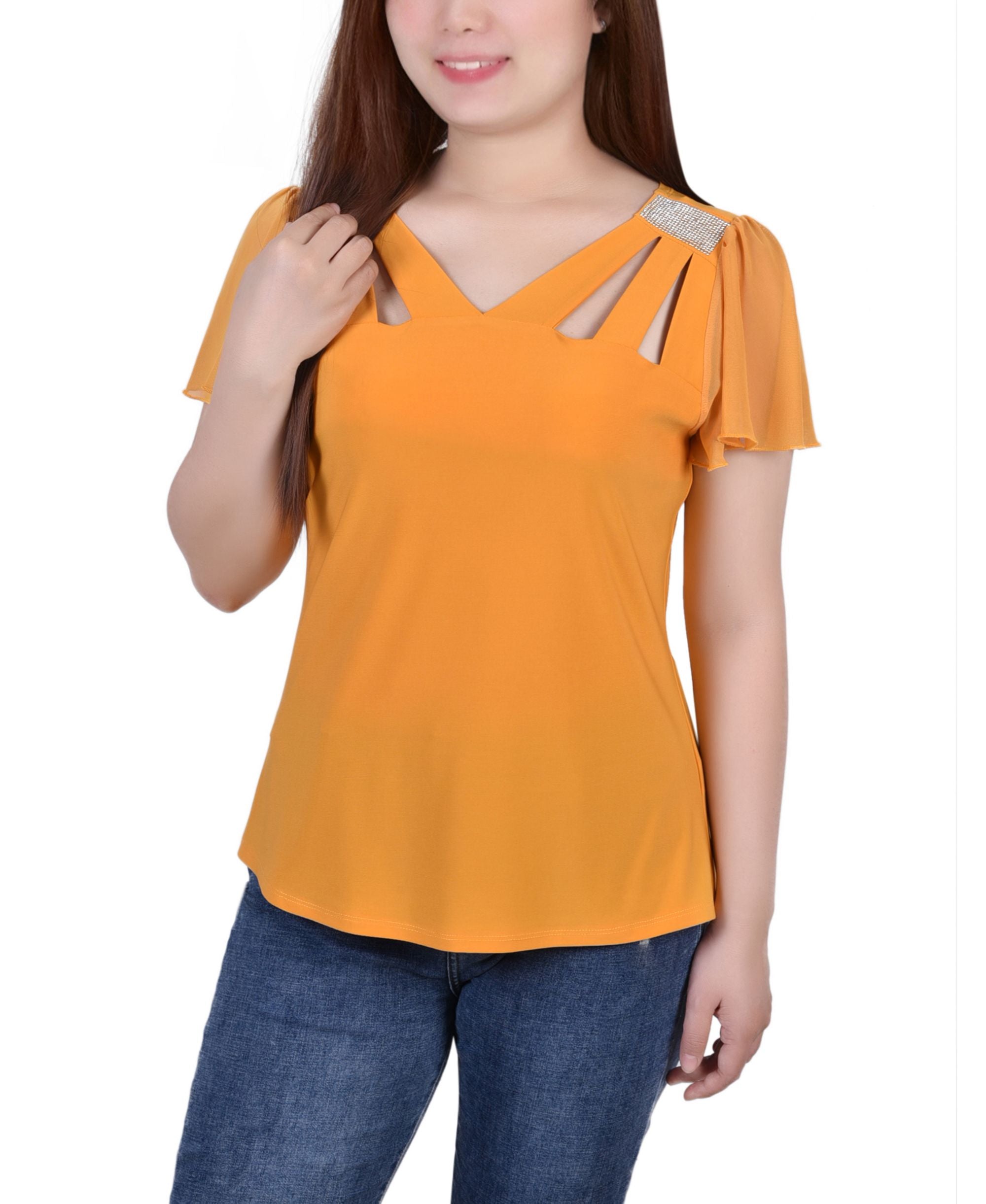 Petite Size Short Flutter-Sleeve Premium Top With Cutouts Stones